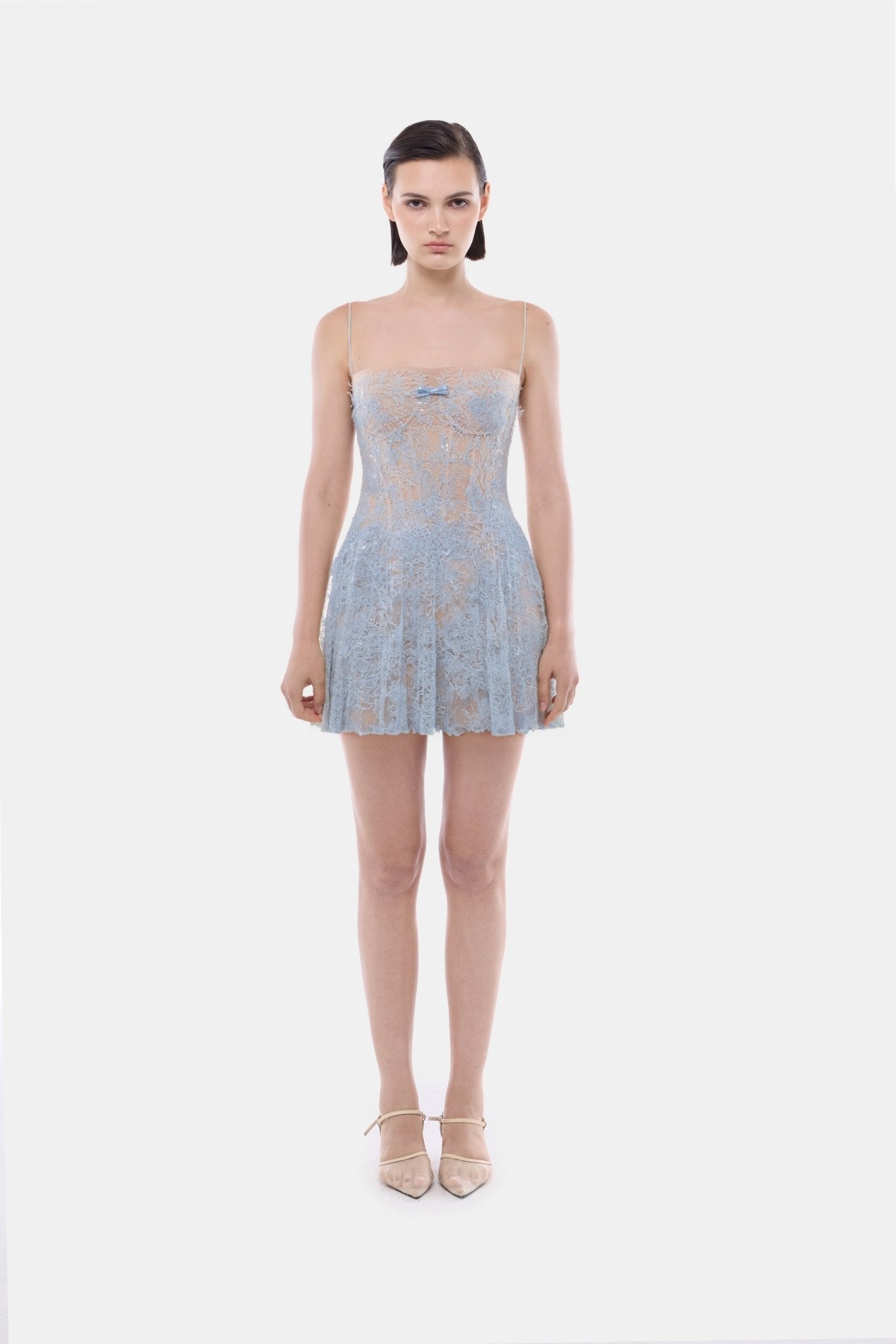 Blue Straight Neckline Pleat Mini Dress - Montsand