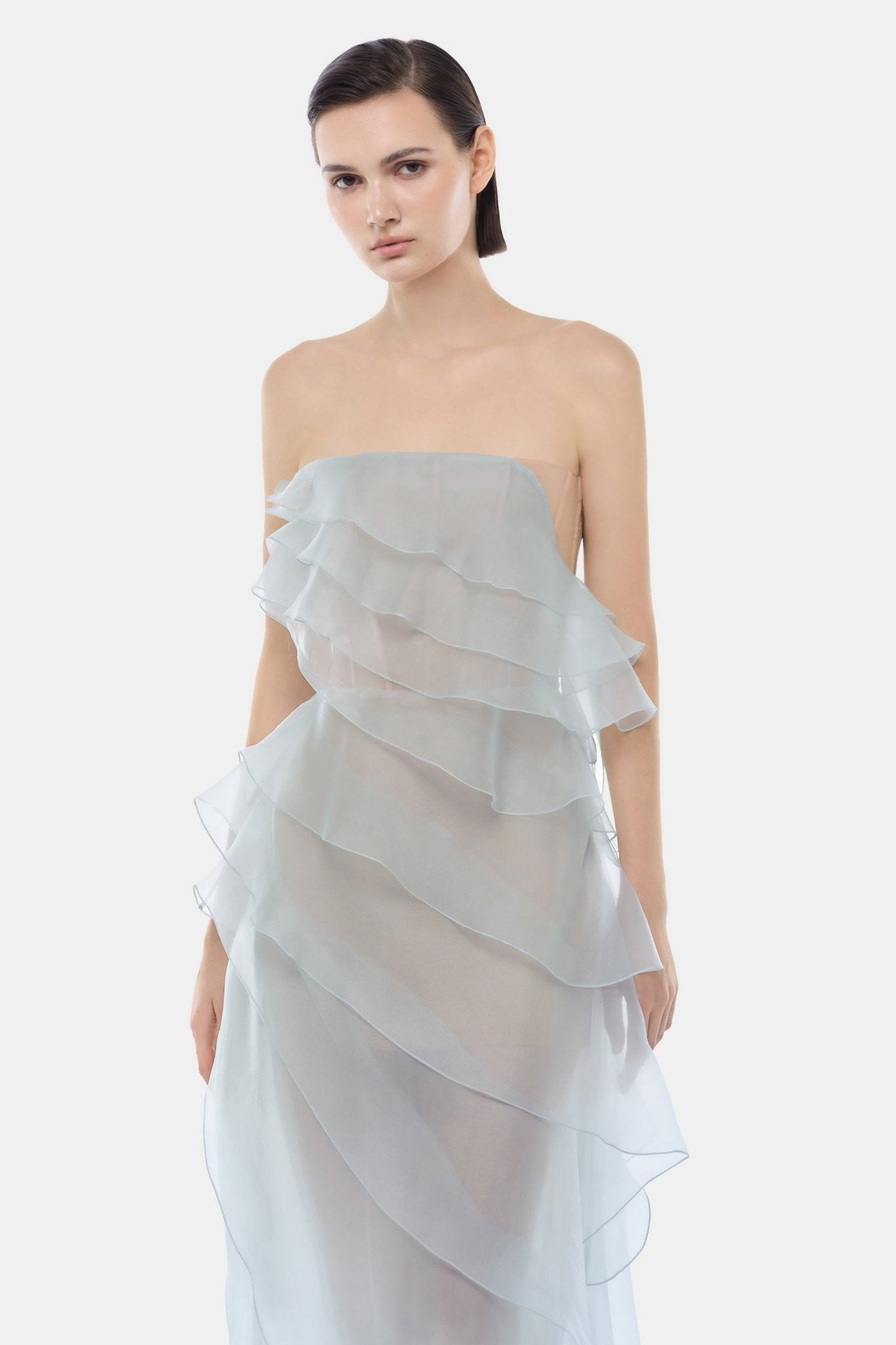 Blue Tiered Strapless Dress - Montsand