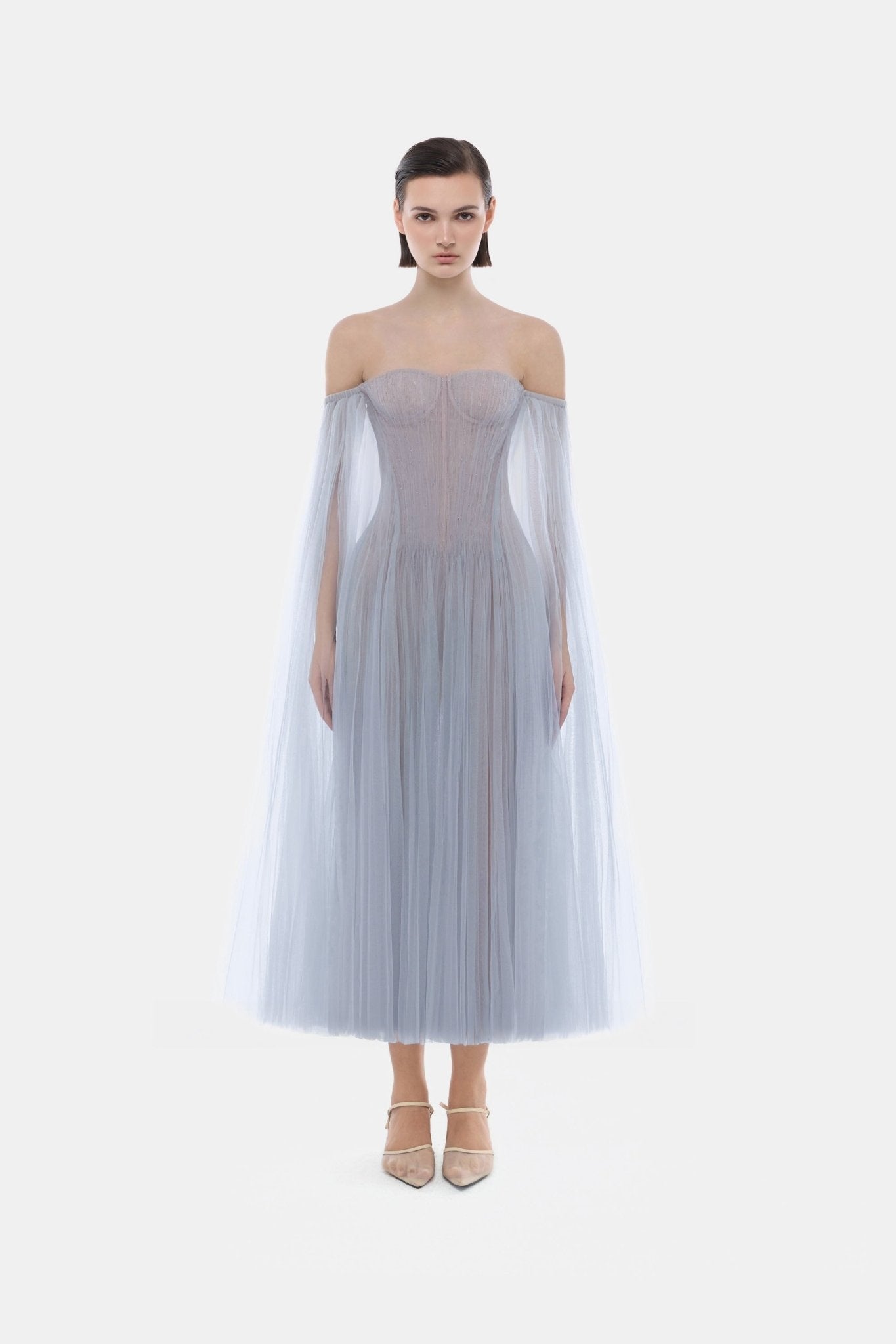 Blue Tulle Off - shoulder Midi Dress - Montsand