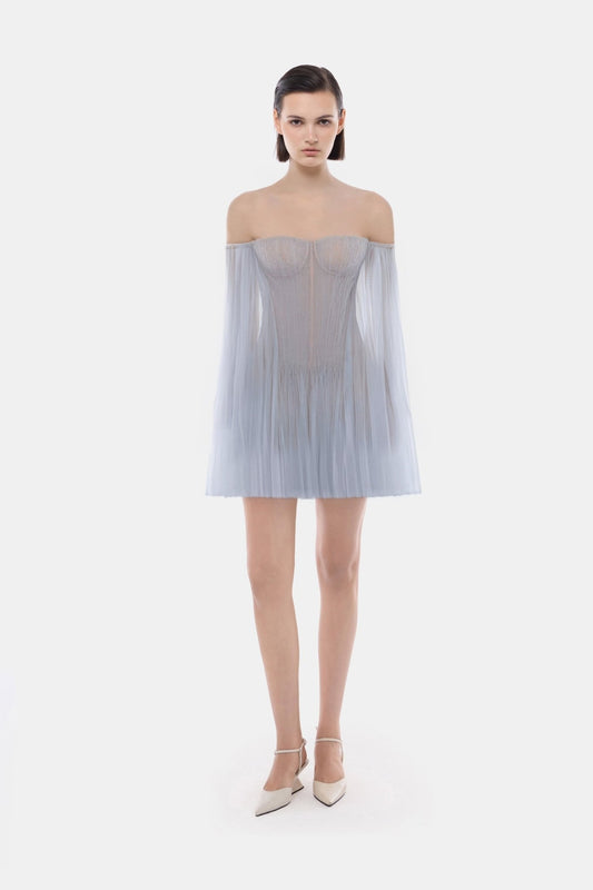 Blue Tulle Off-shoulder Mini Dress - Montsand