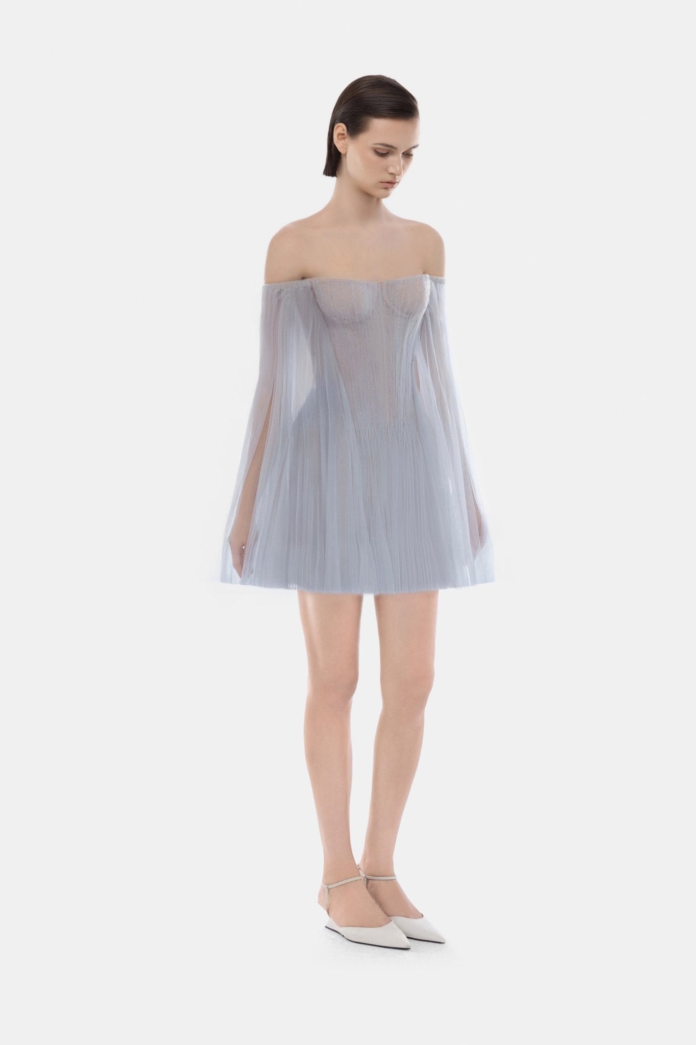 Blue Tulle Off-shoulder Mini Dress - Montsand