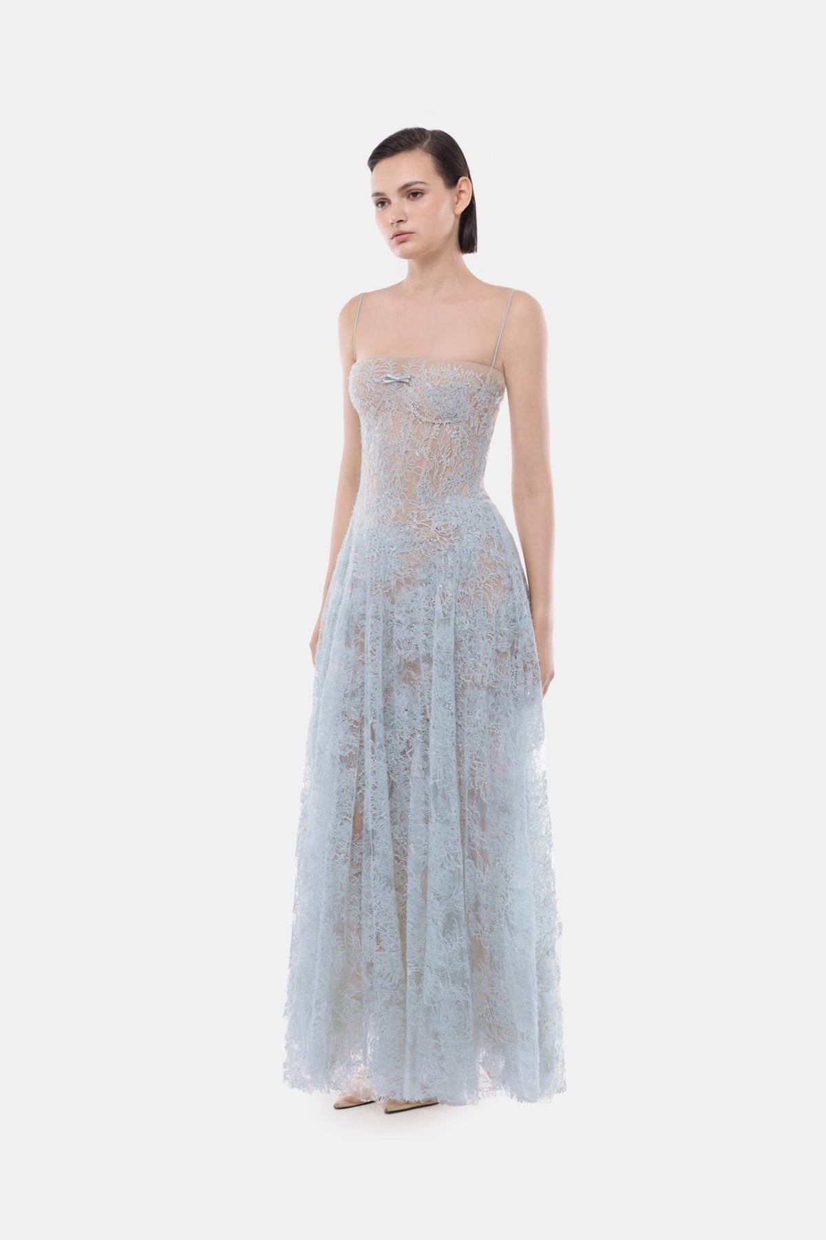 BlueStraight Neckline Pleat Maxi Dress - Montsand