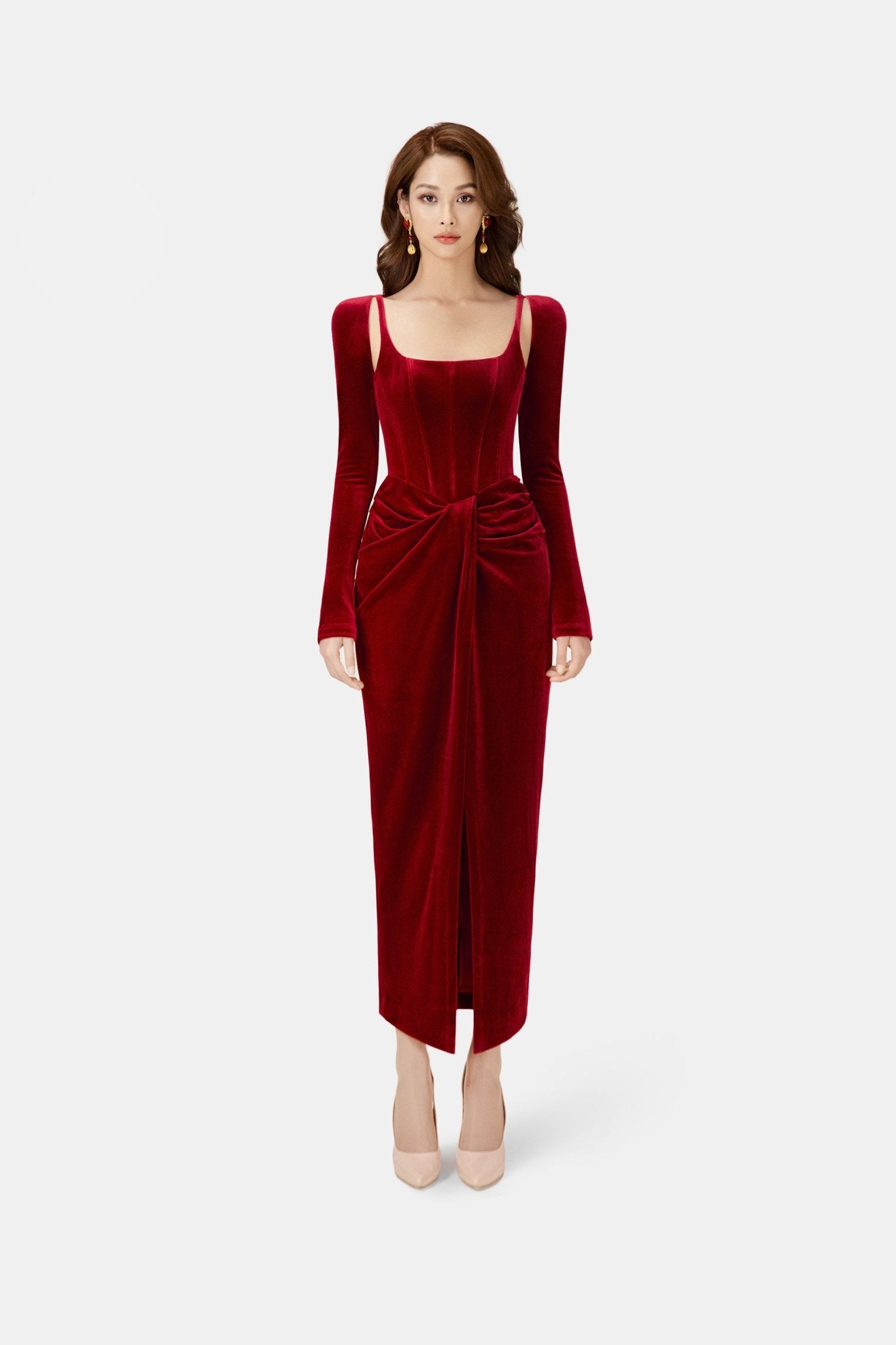 Bordeaux Velvet Draped Dress - Montsand