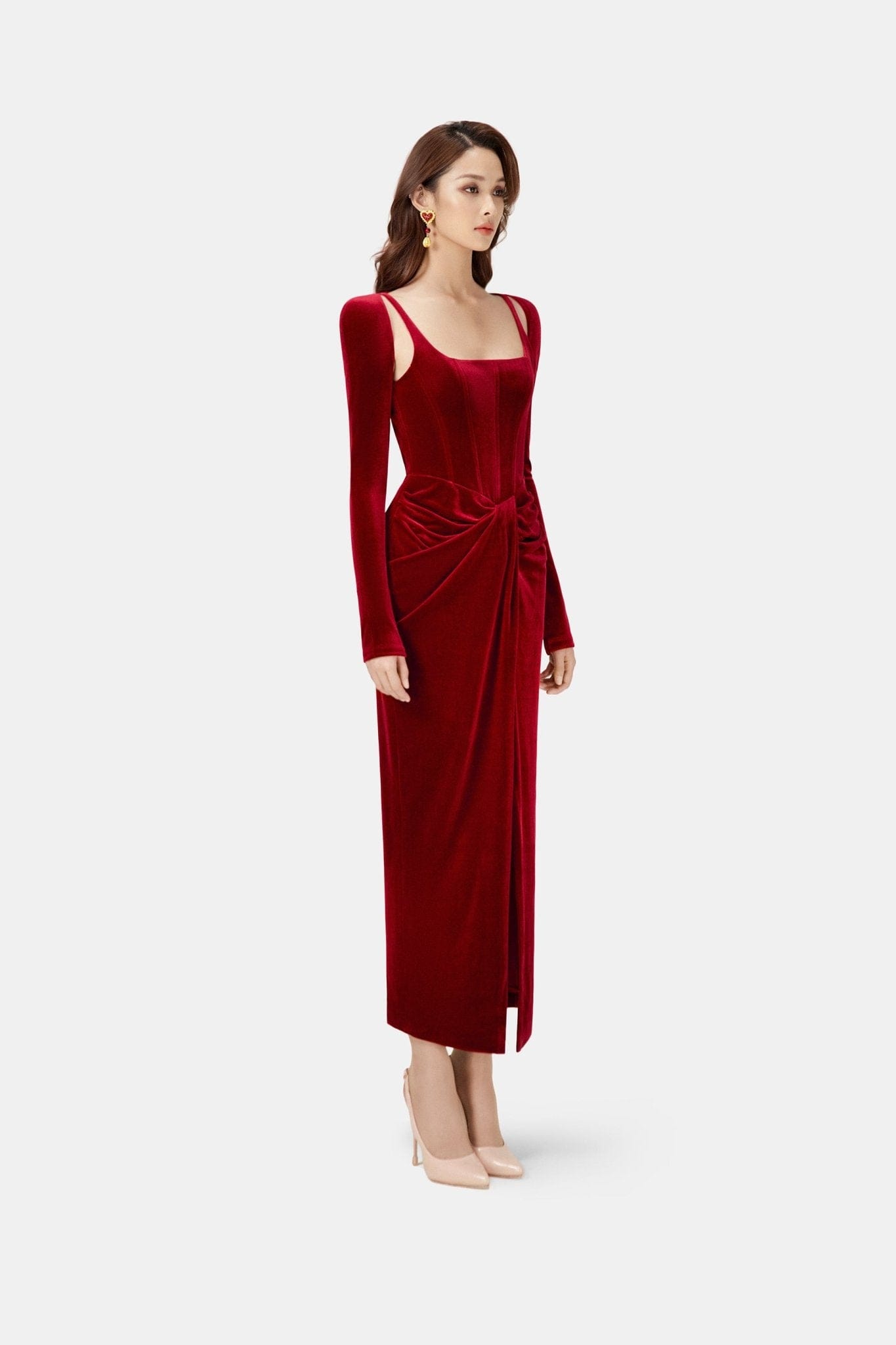 Bordeaux Velvet Draped Dress - Montsand