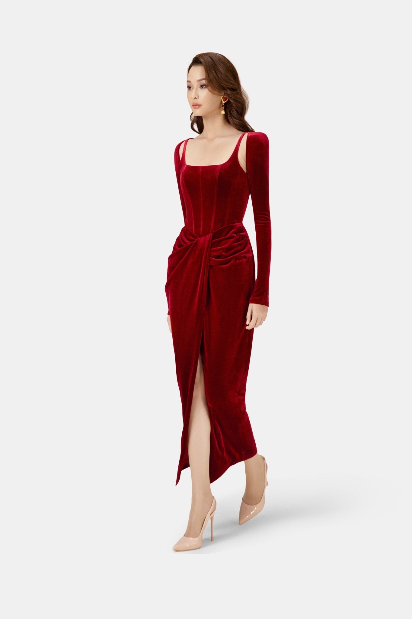 Bordeaux Velvet Draped Dress - Montsand