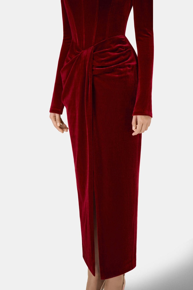 Bordeaux Velvet Draped Dress - Montsand