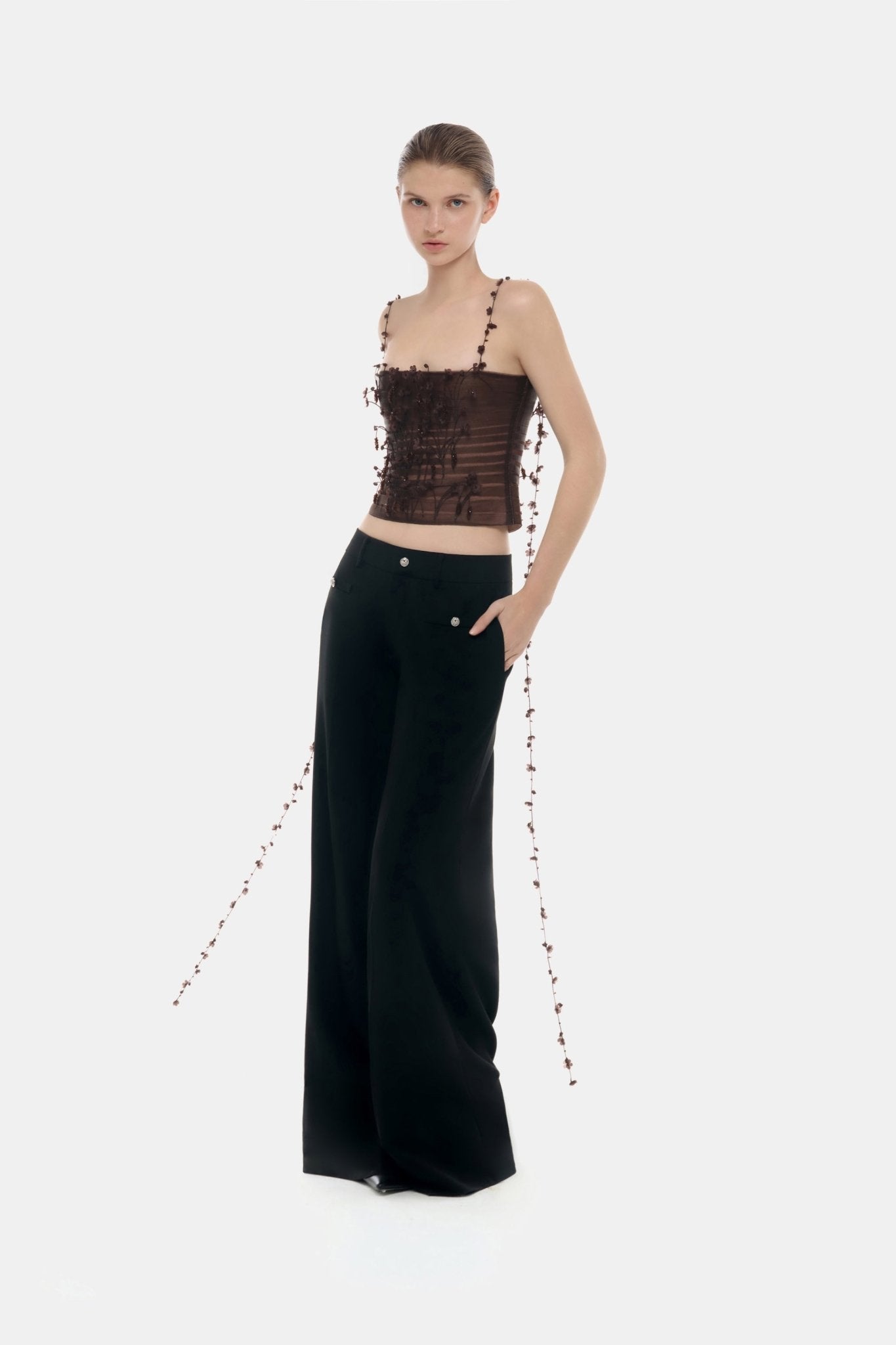 Brown 3D Floral Strap Top - Montsand