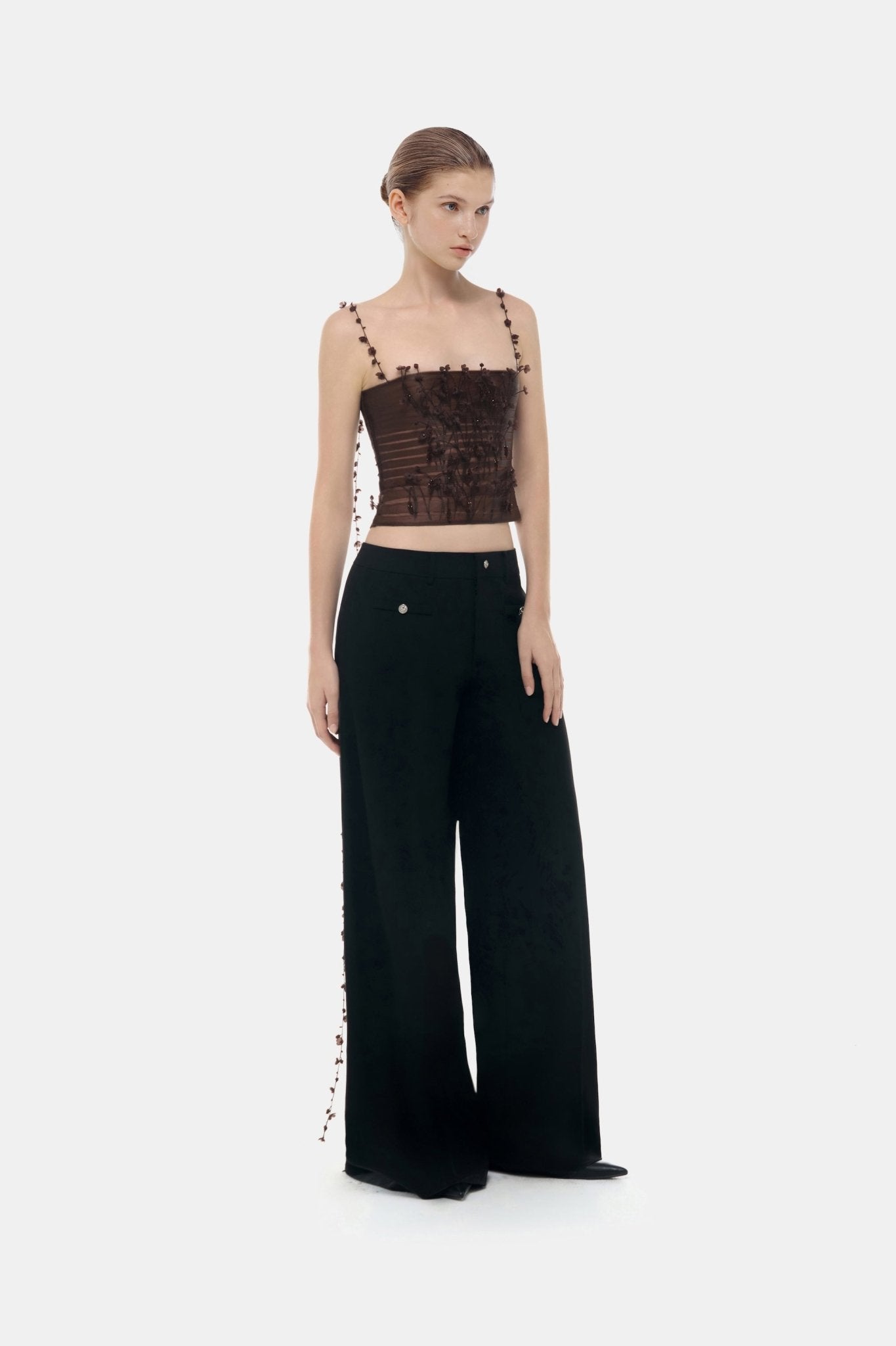 Brown 3D Floral Strap Top - Montsand