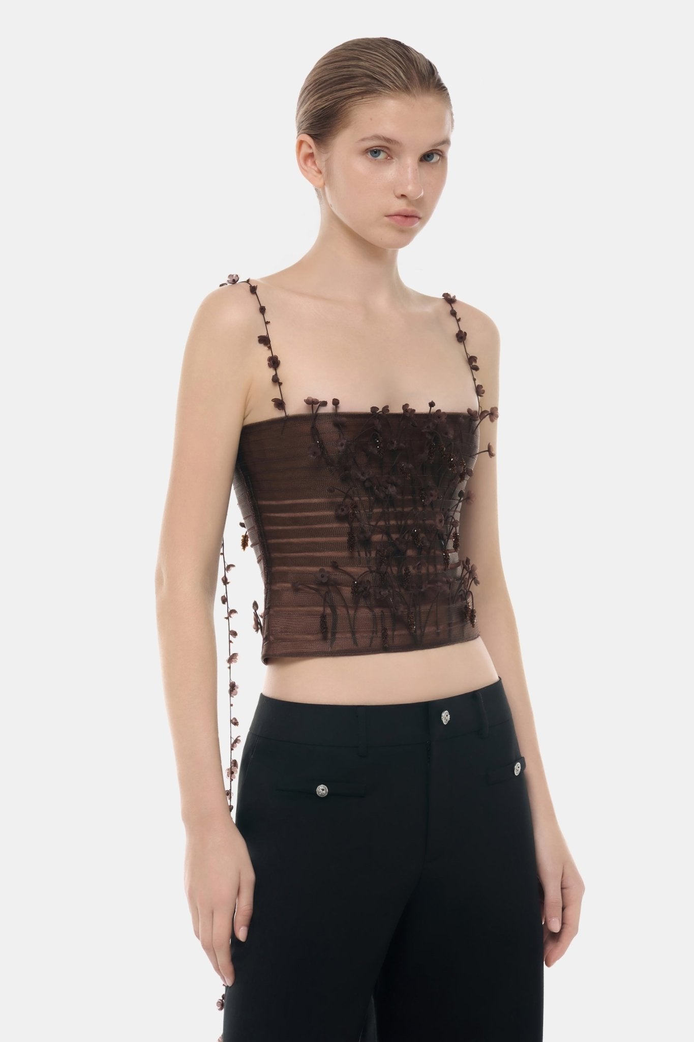 Brown 3D Floral Strap Top - Montsand