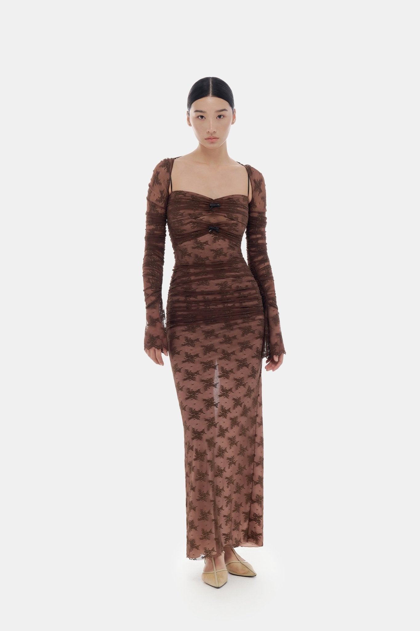 Brown Bow Cut Out Laces Dress - Montsand