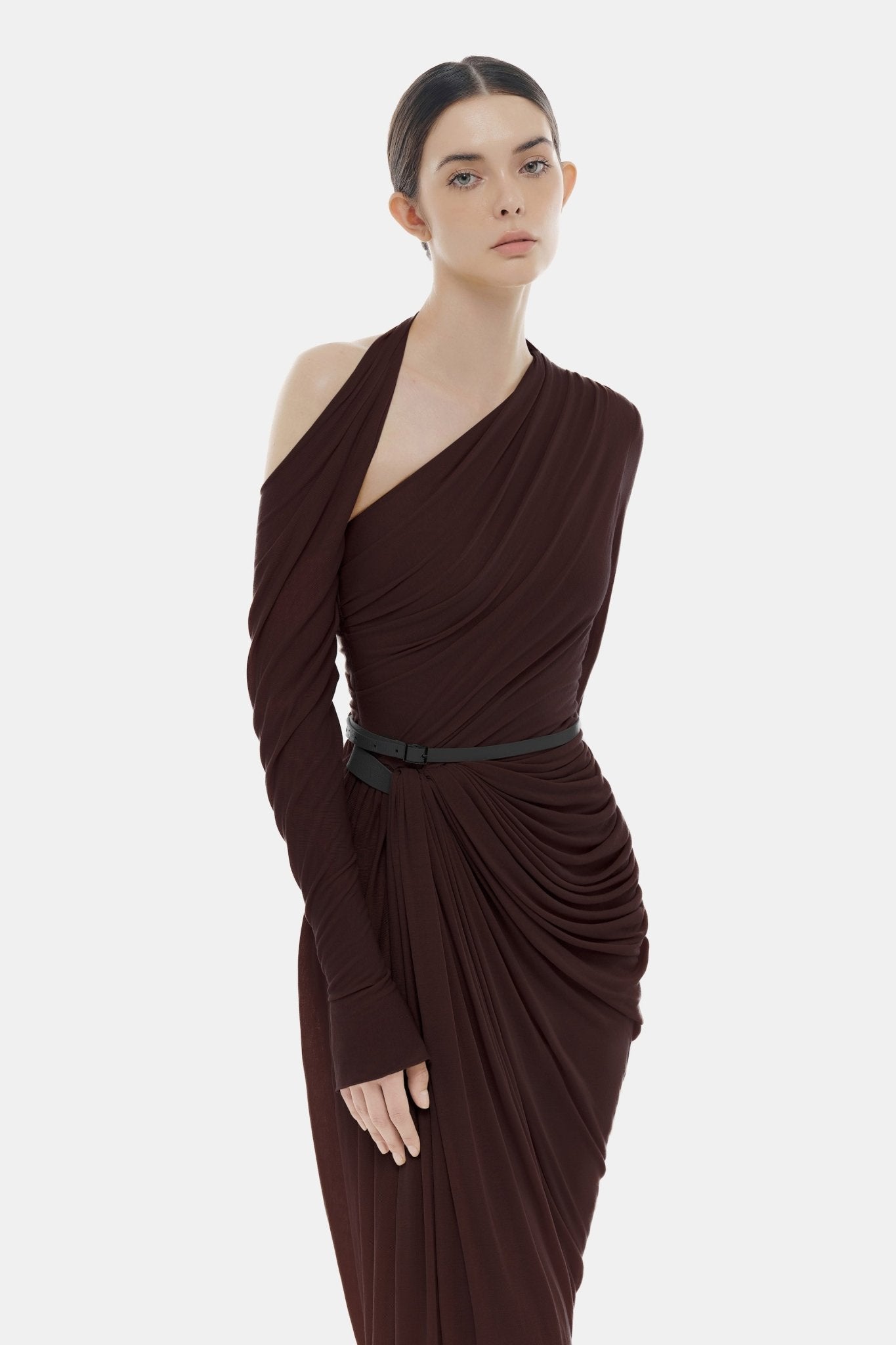 Brown Draped Asymmetric Maxi Dress – Montsand