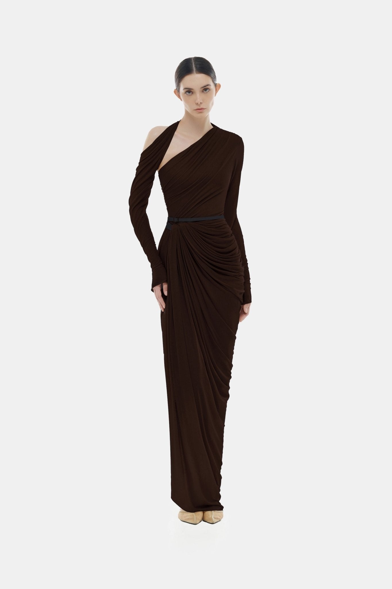 Brown Draped Asymmetric Maxi Dress Dresses Montsand