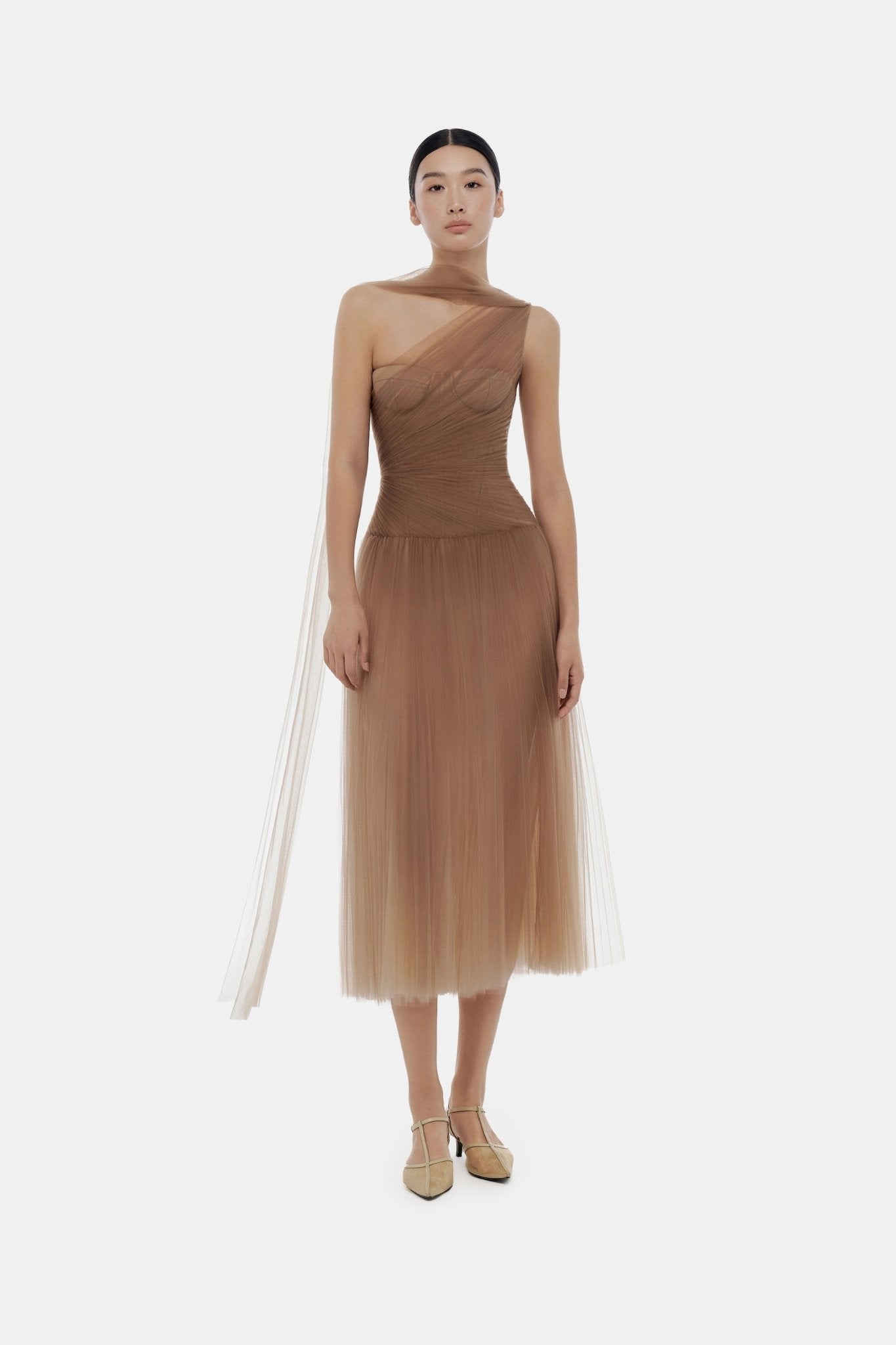 Brown Draped Midi Dress L Brown Draped Midi Dress L