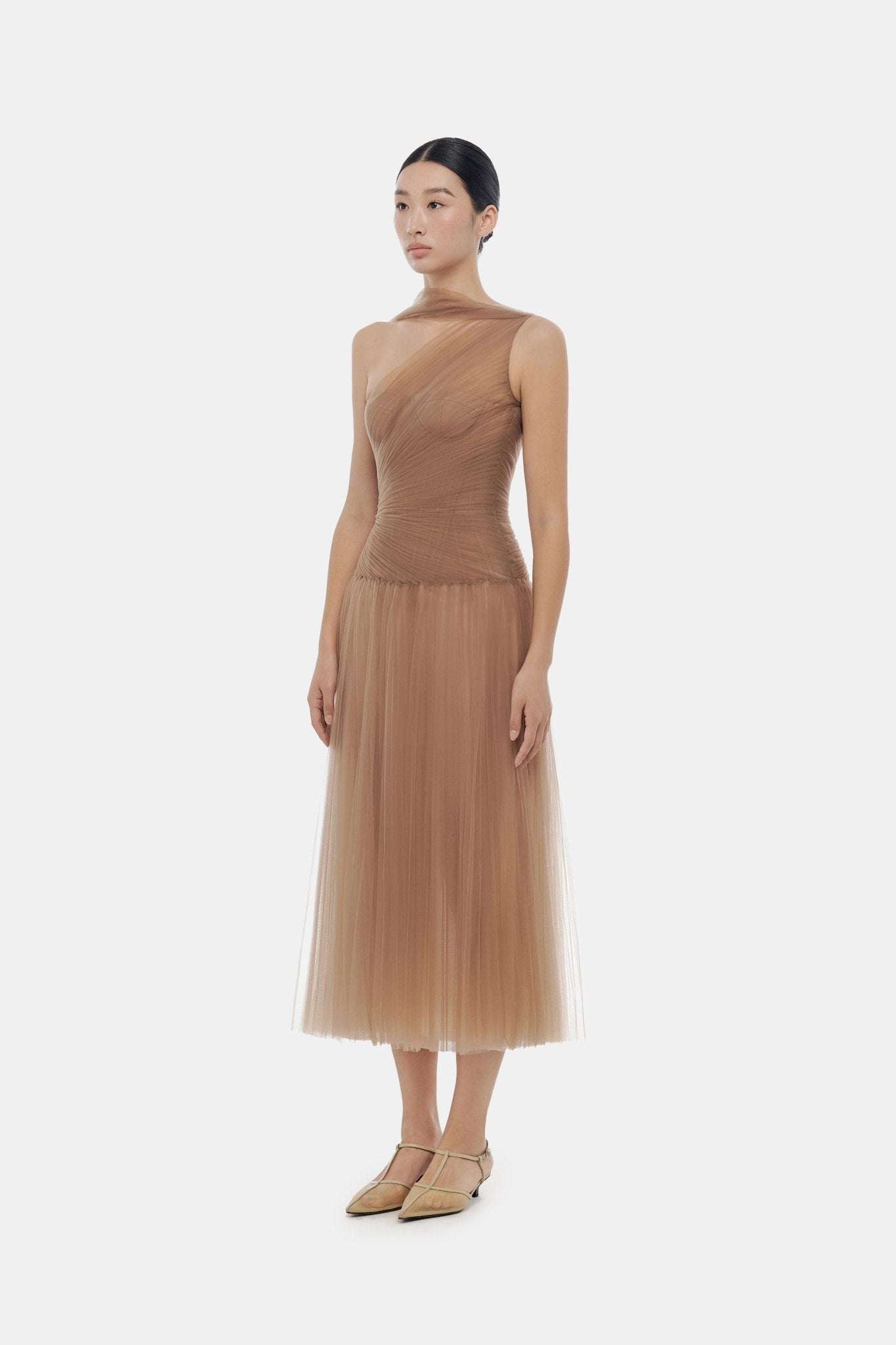 Brown Draped Midi Dress - Montsand