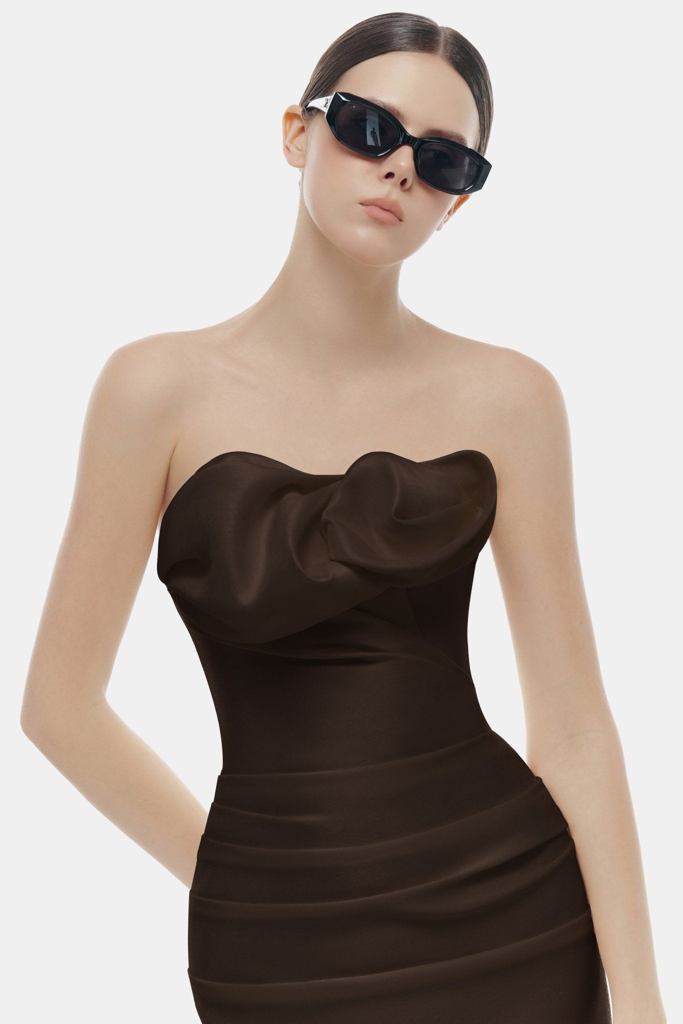 Brown Draped Tube Midi Dress Dresses Montsand