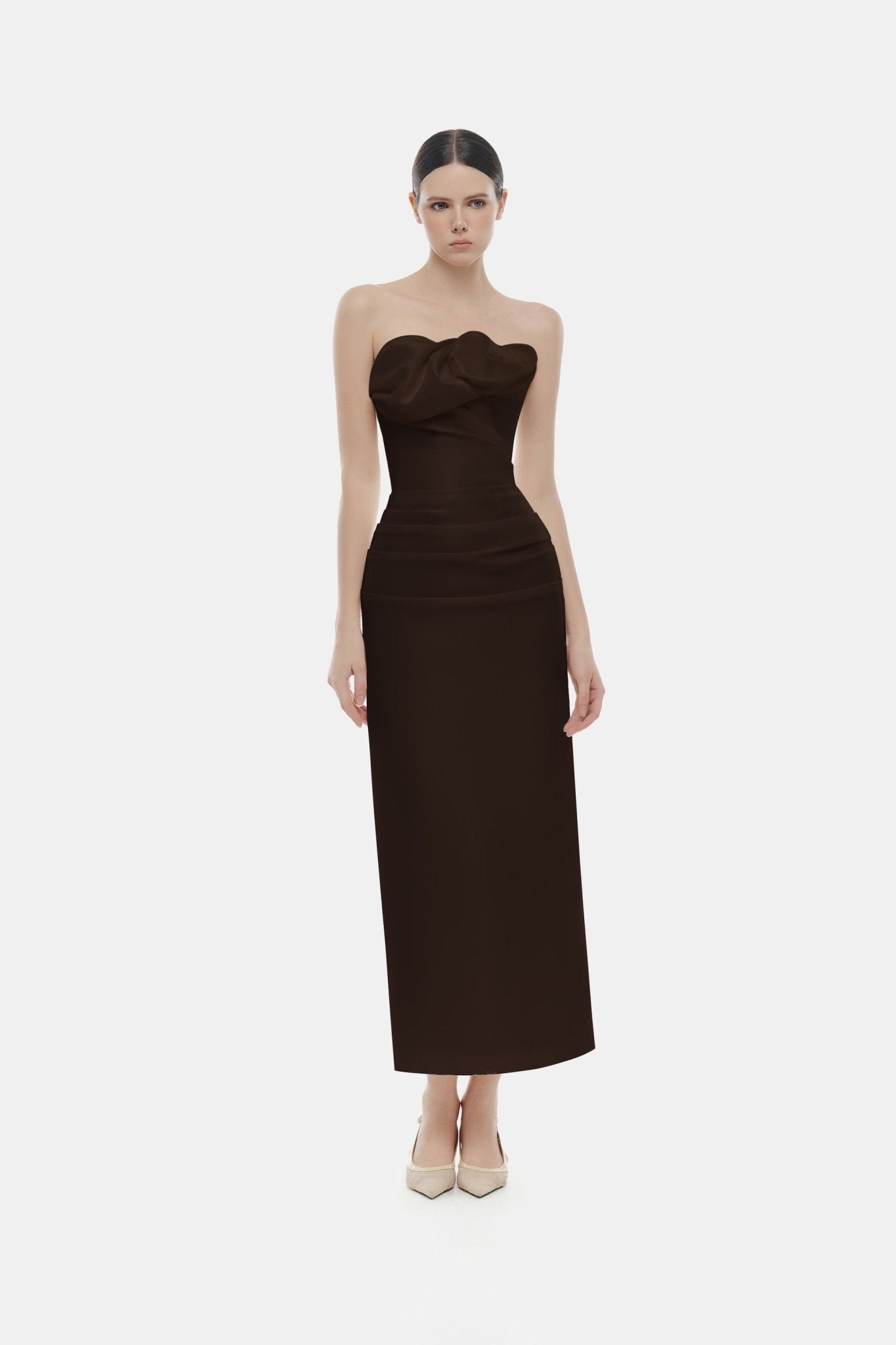 Brown Draped Tube Midi Dress Dresses Montsand
