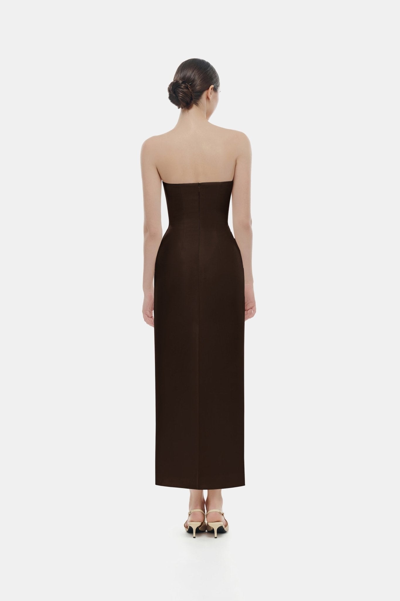 Brown Draped Tube Midi Dress Dresses Montsand