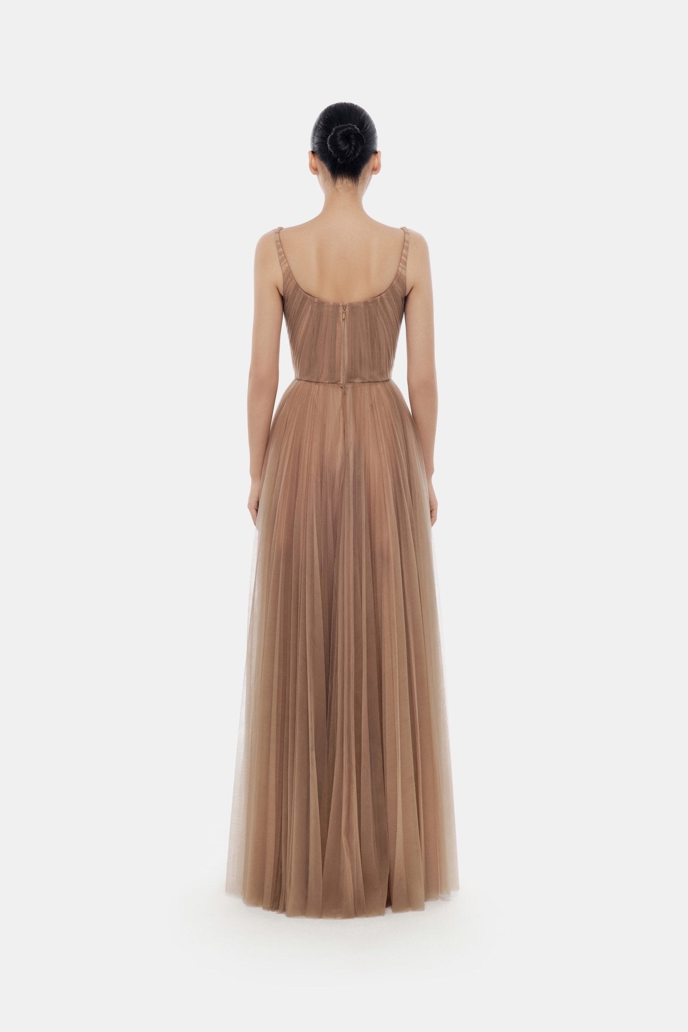 Brown Draped Tulle Maxi Dress - Montsand