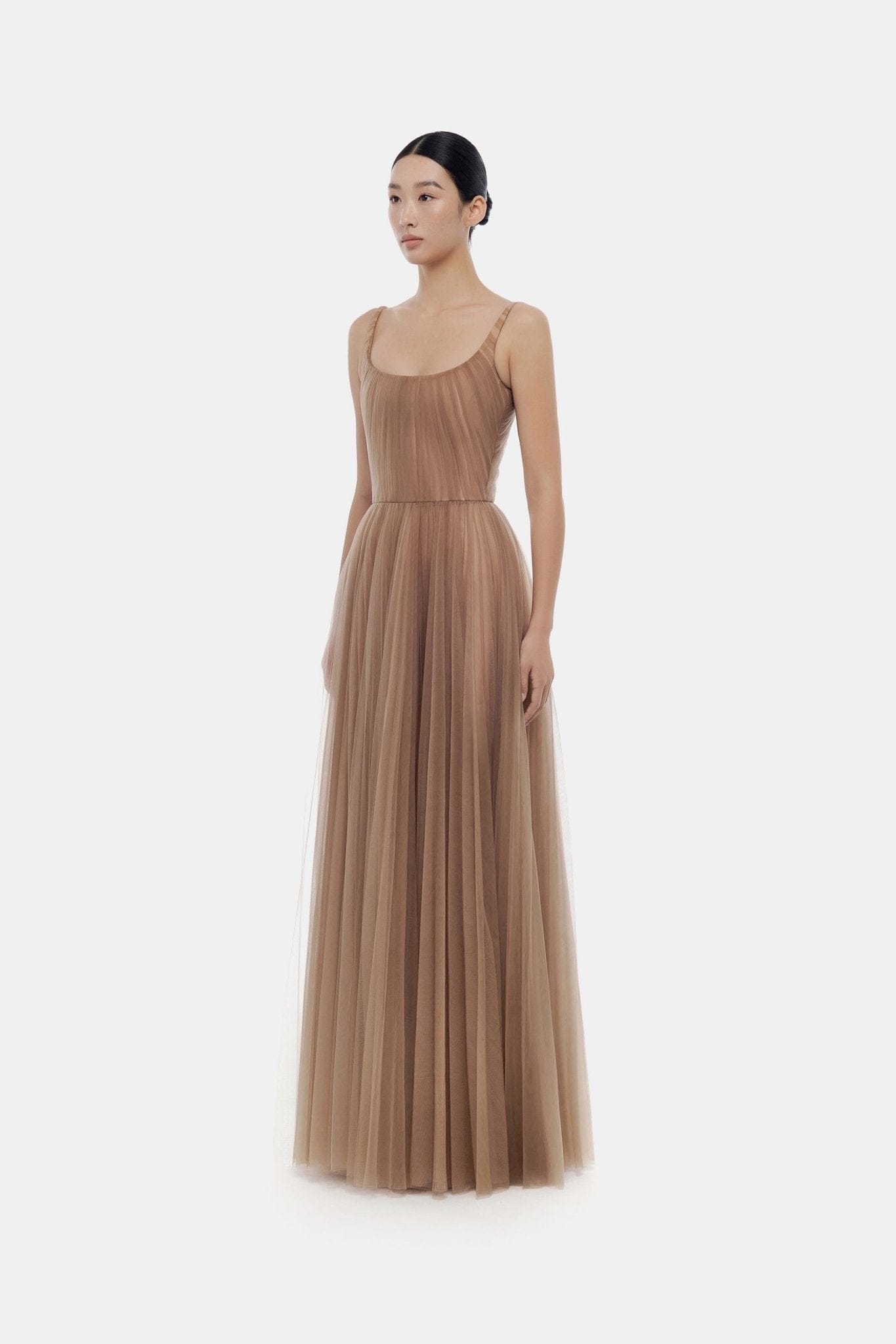 Brown Draped Tulle Maxi Dress - Montsand