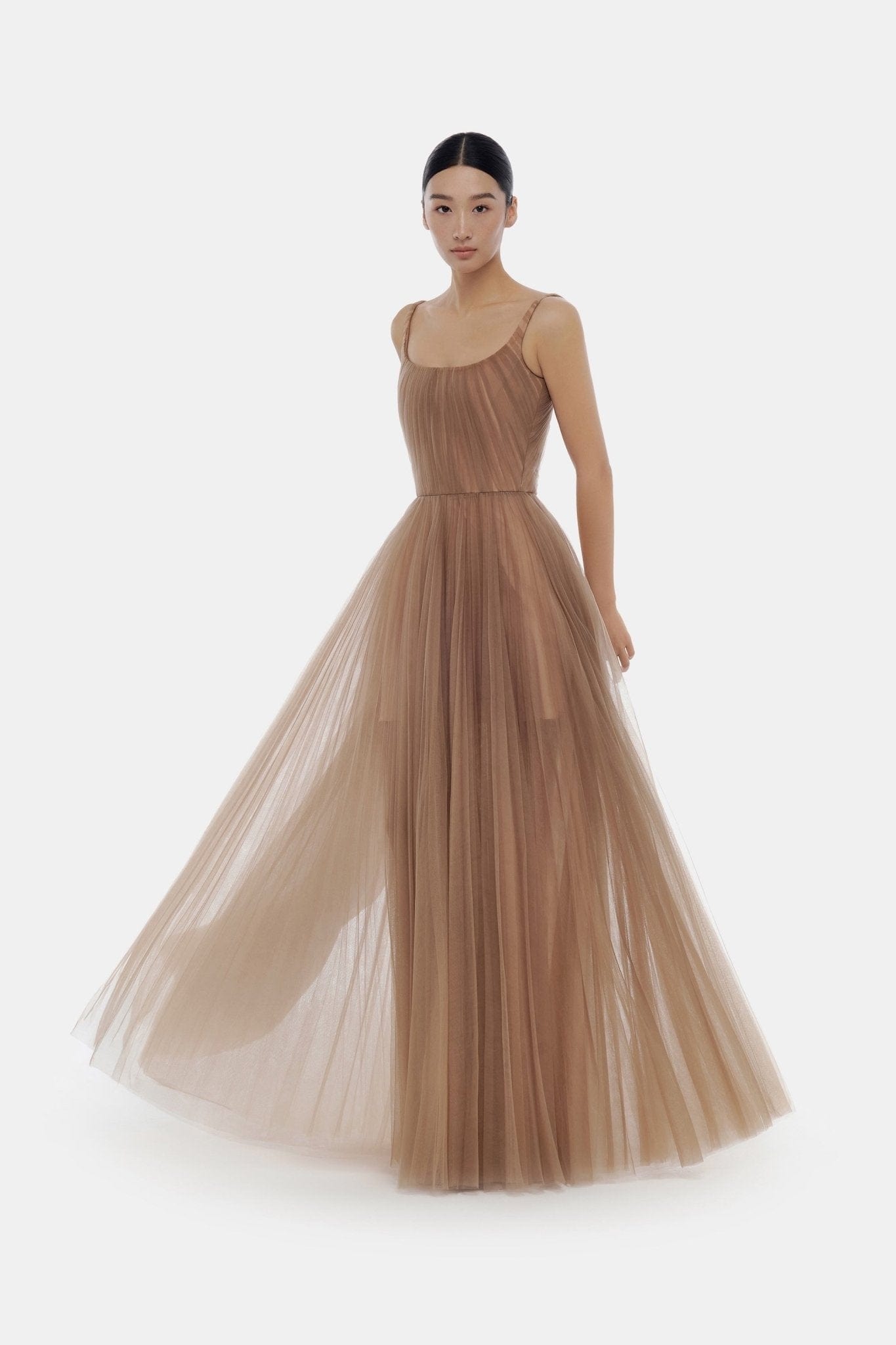 Brown Draped Tulle Maxi Dress - Montsand