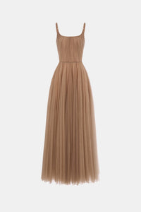 Brown Draped Tulle Maxi Dress - Montsand