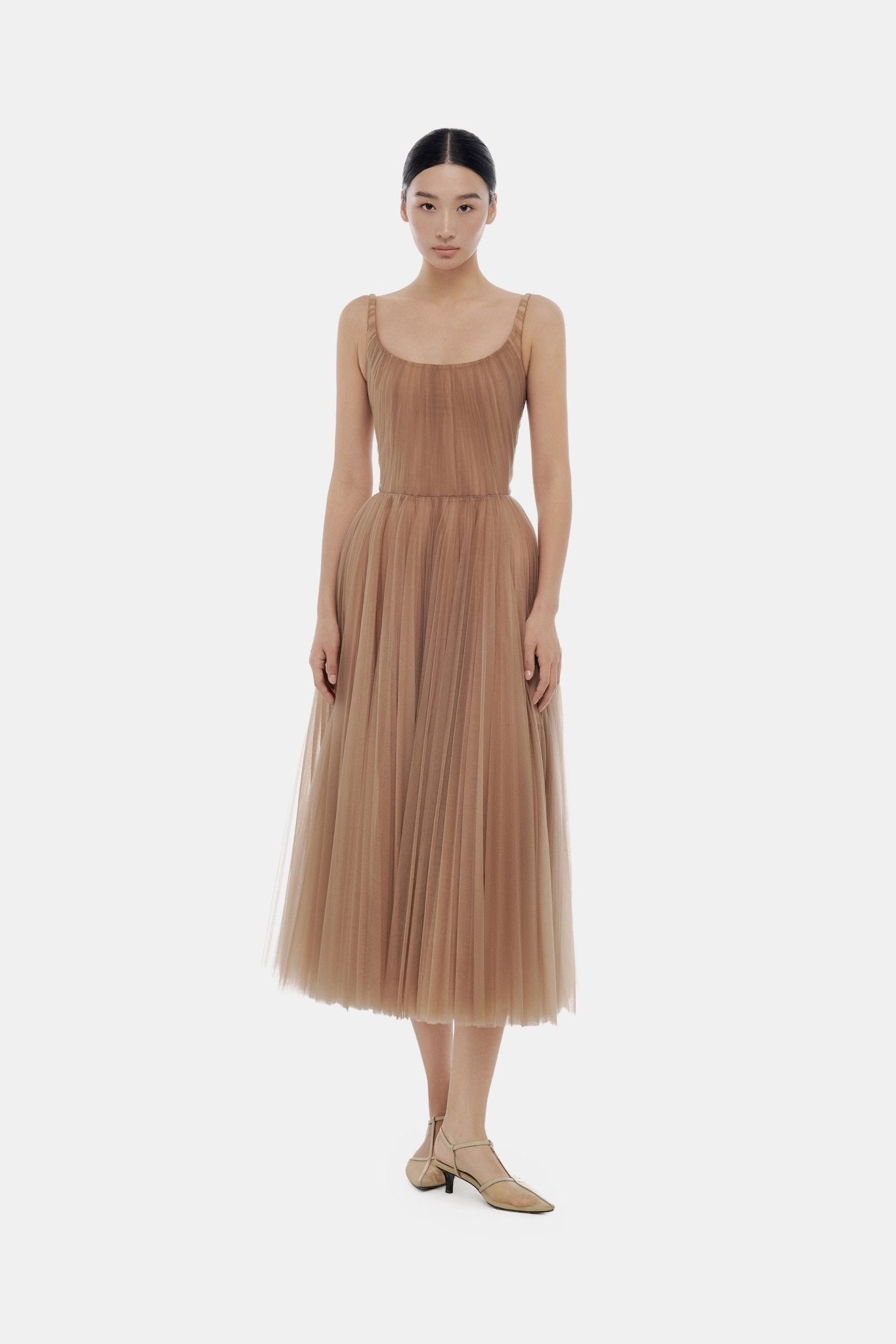 Brown Draped Tulle Midi Dress - Montsand