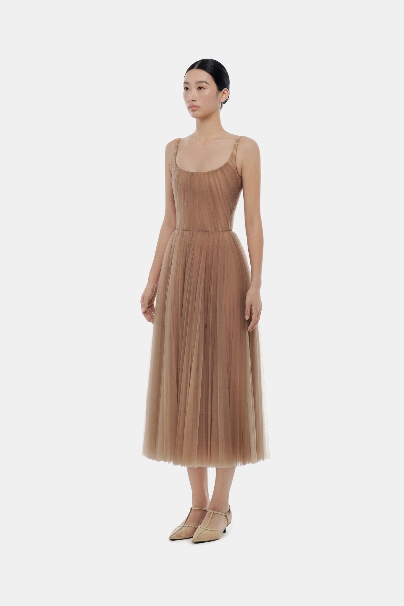 Brown Draped Tulle Midi Dress - Montsand