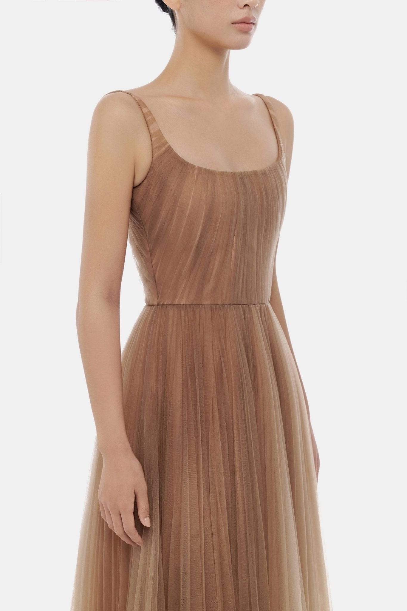 Brown Draped Tulle Midi Dress - Montsand