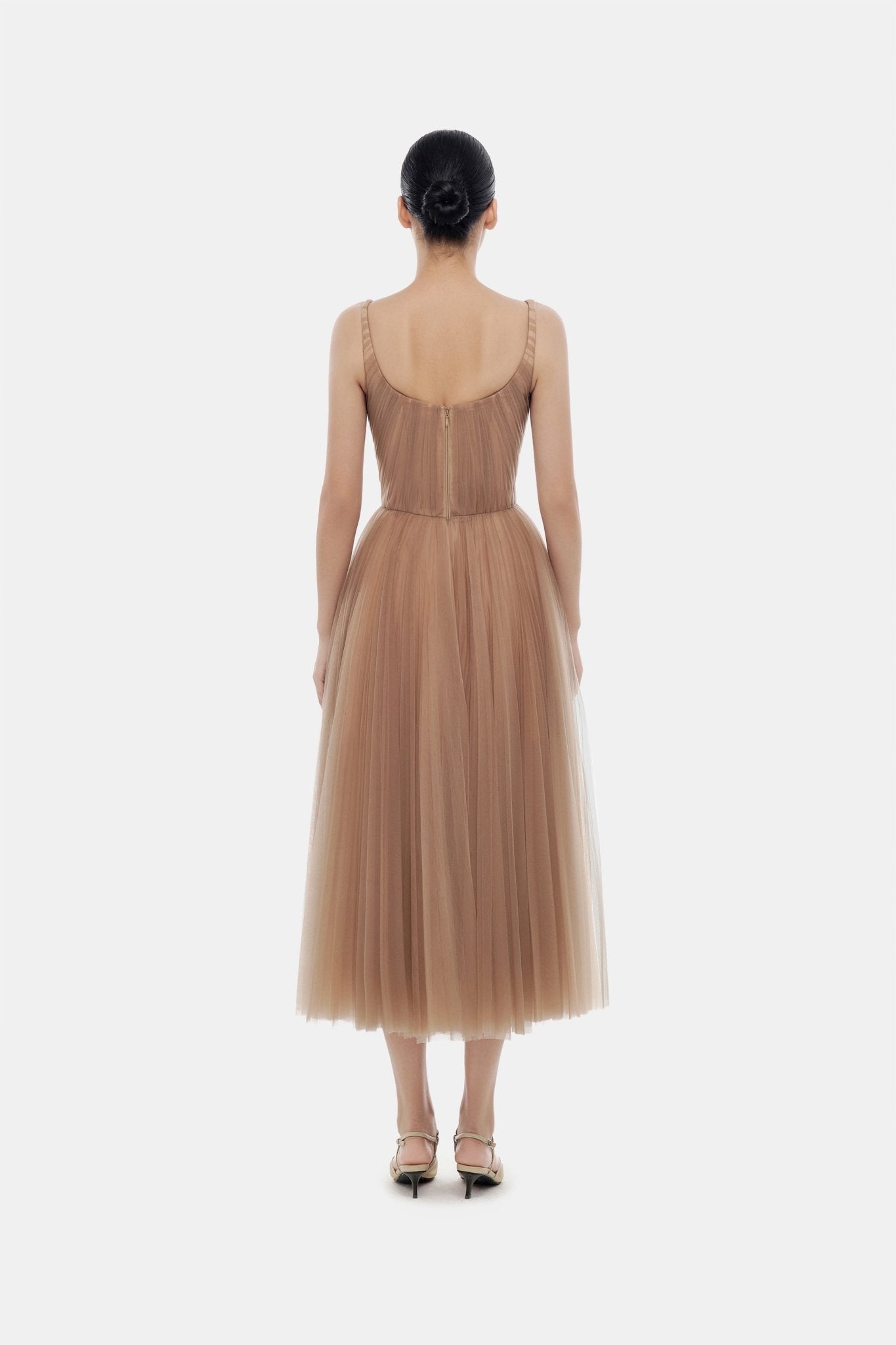 Brown Draped Tulle Midi Dress - Montsand