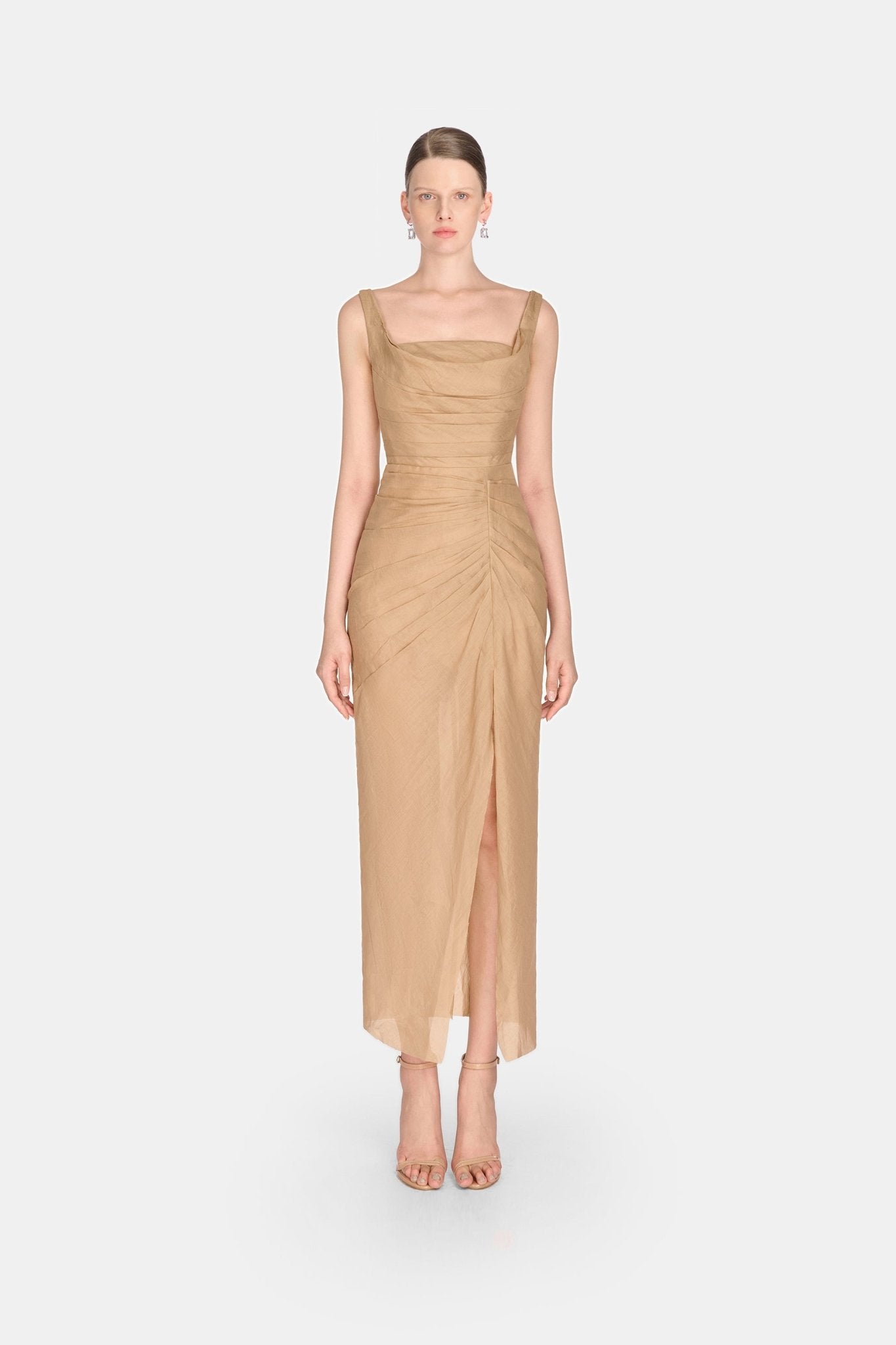 Brown Organza Linen Draped Dress - Montsand