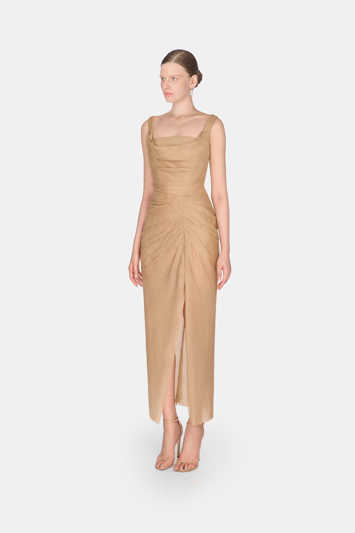 Brown Organza Linen Draped Dress - Montsand