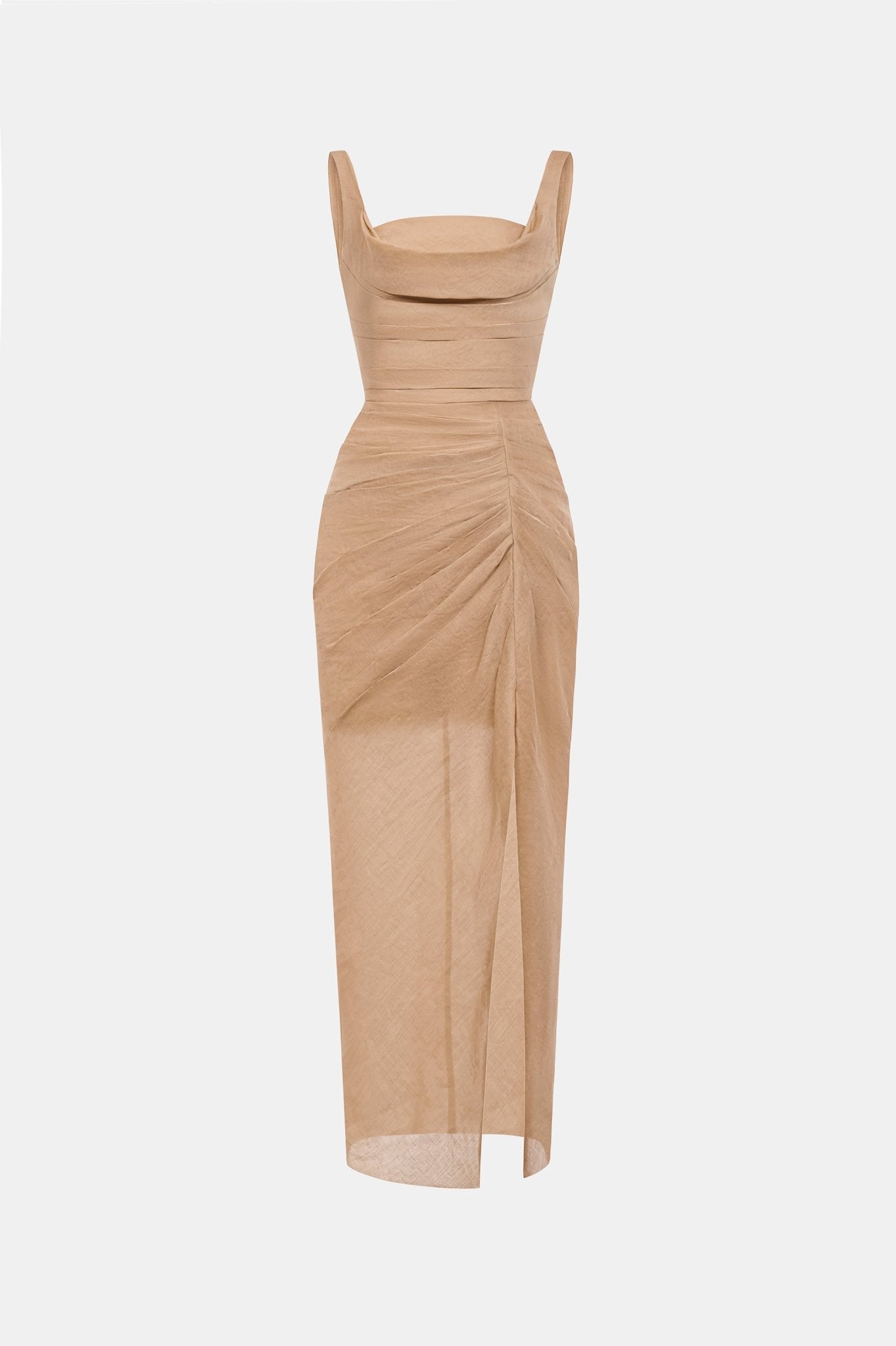 Brown Organza Linen Draped Dress - Montsand
