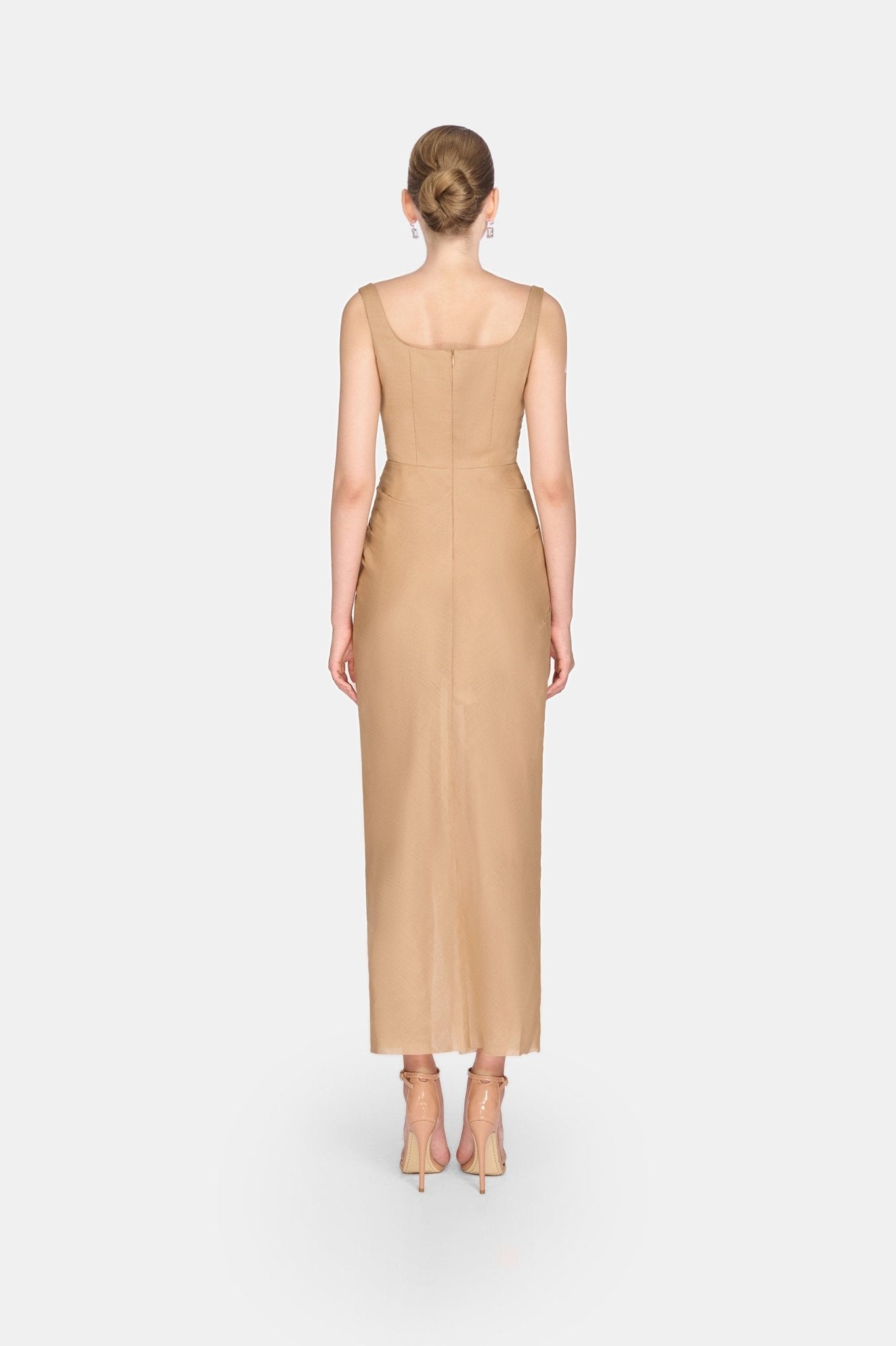 Brown Organza Linen Draped Dress - Montsand