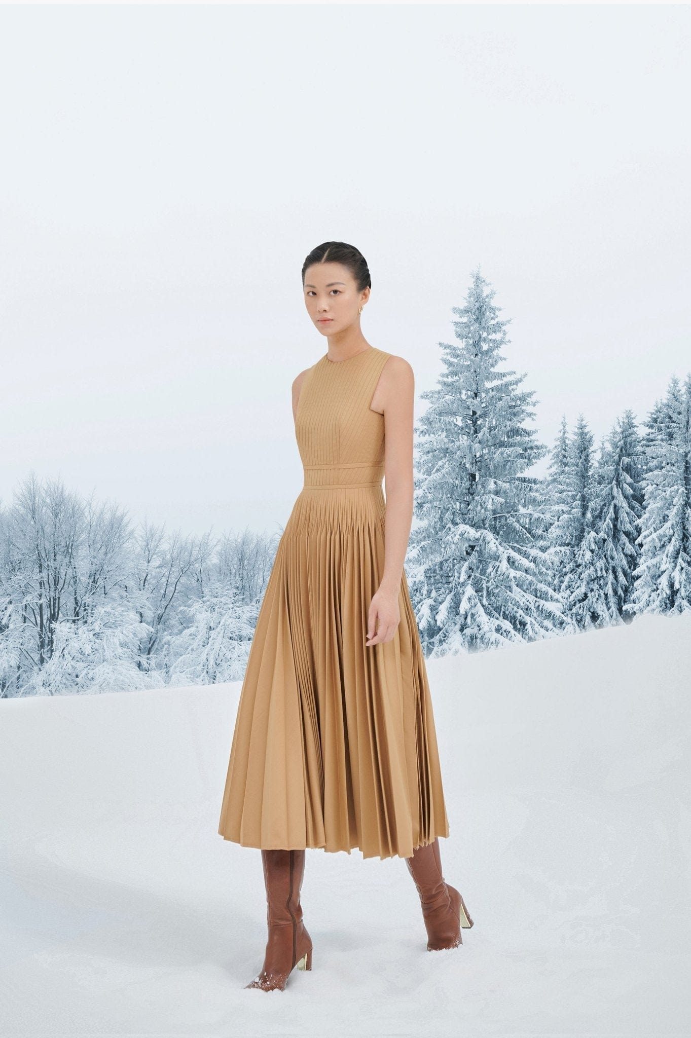 Brown Pleated Midi Dress - Montsand
