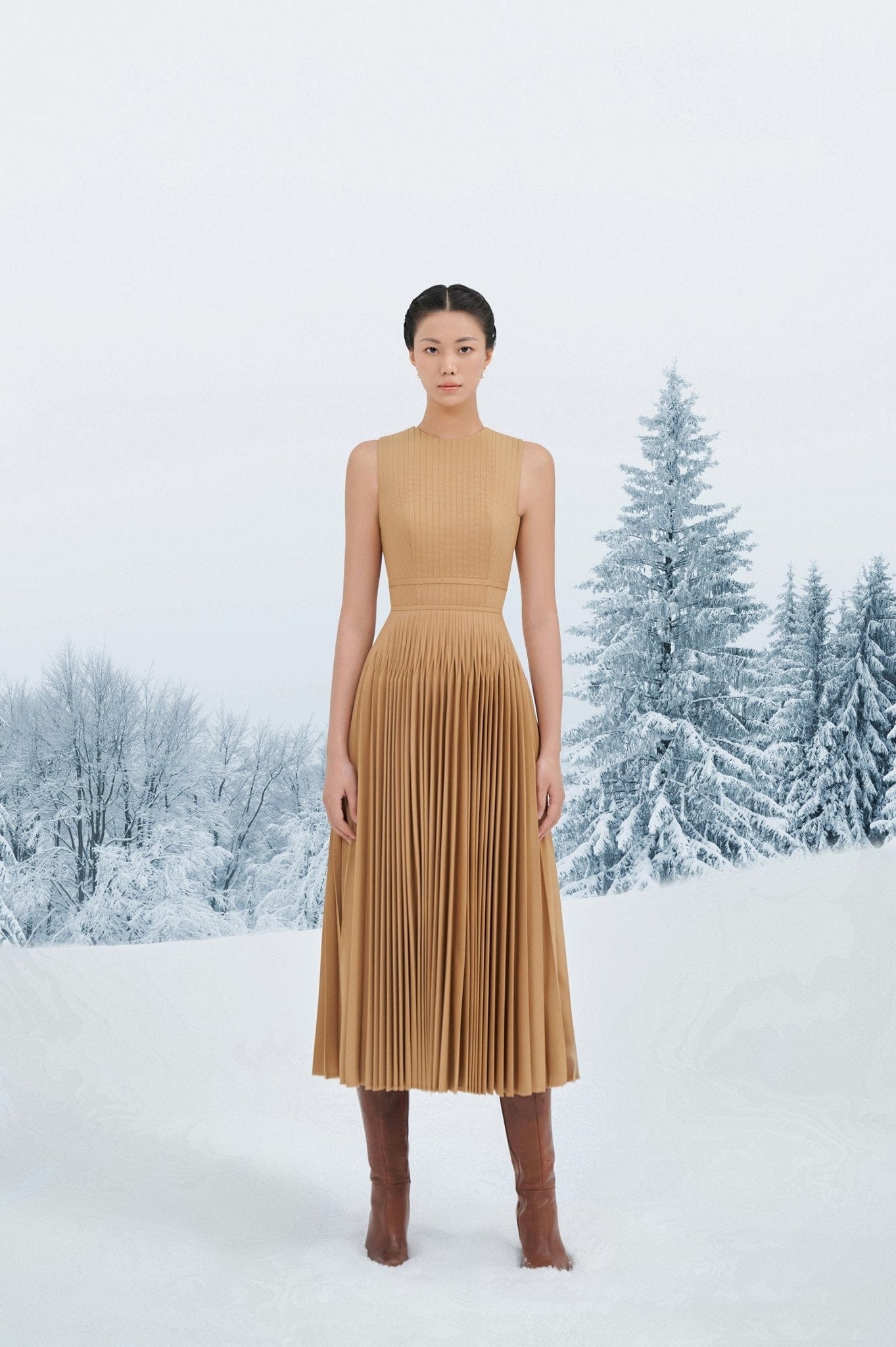 Brown Pleated Midi Dress - Montsand