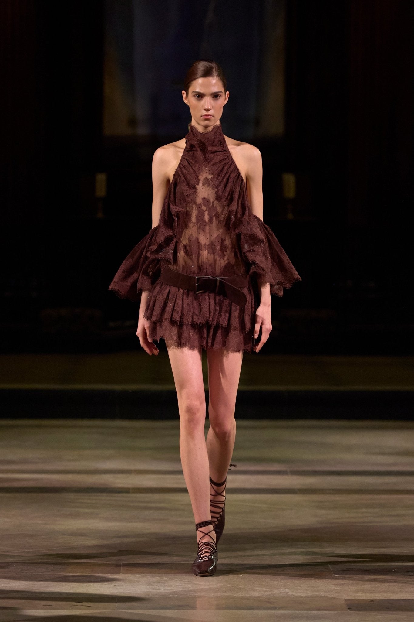 Brown Ruffle High Neck Dress - Montsand