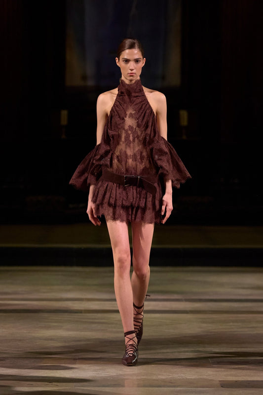 Brown Ruffle High Neck Dress - Montsand