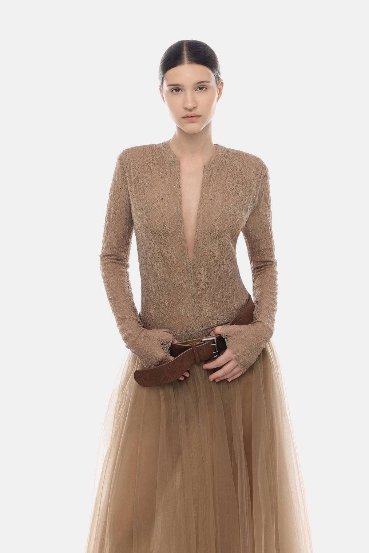 Brown Sheer Long Sleeves Top - Montsand