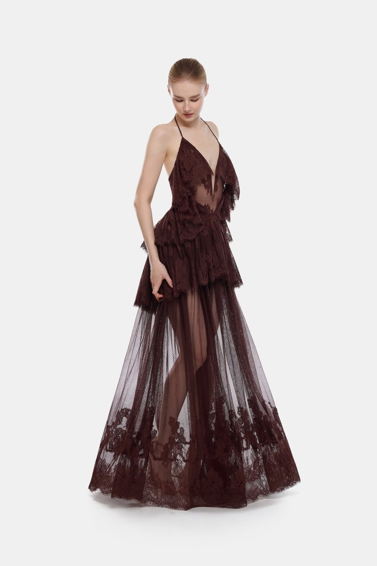 Brown Tiered Mesh Dress - Montsand