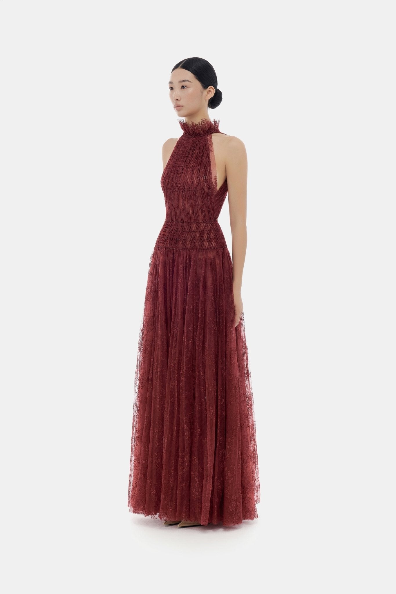 Burgundy Smocked Lace Maxi Dress - Montsand