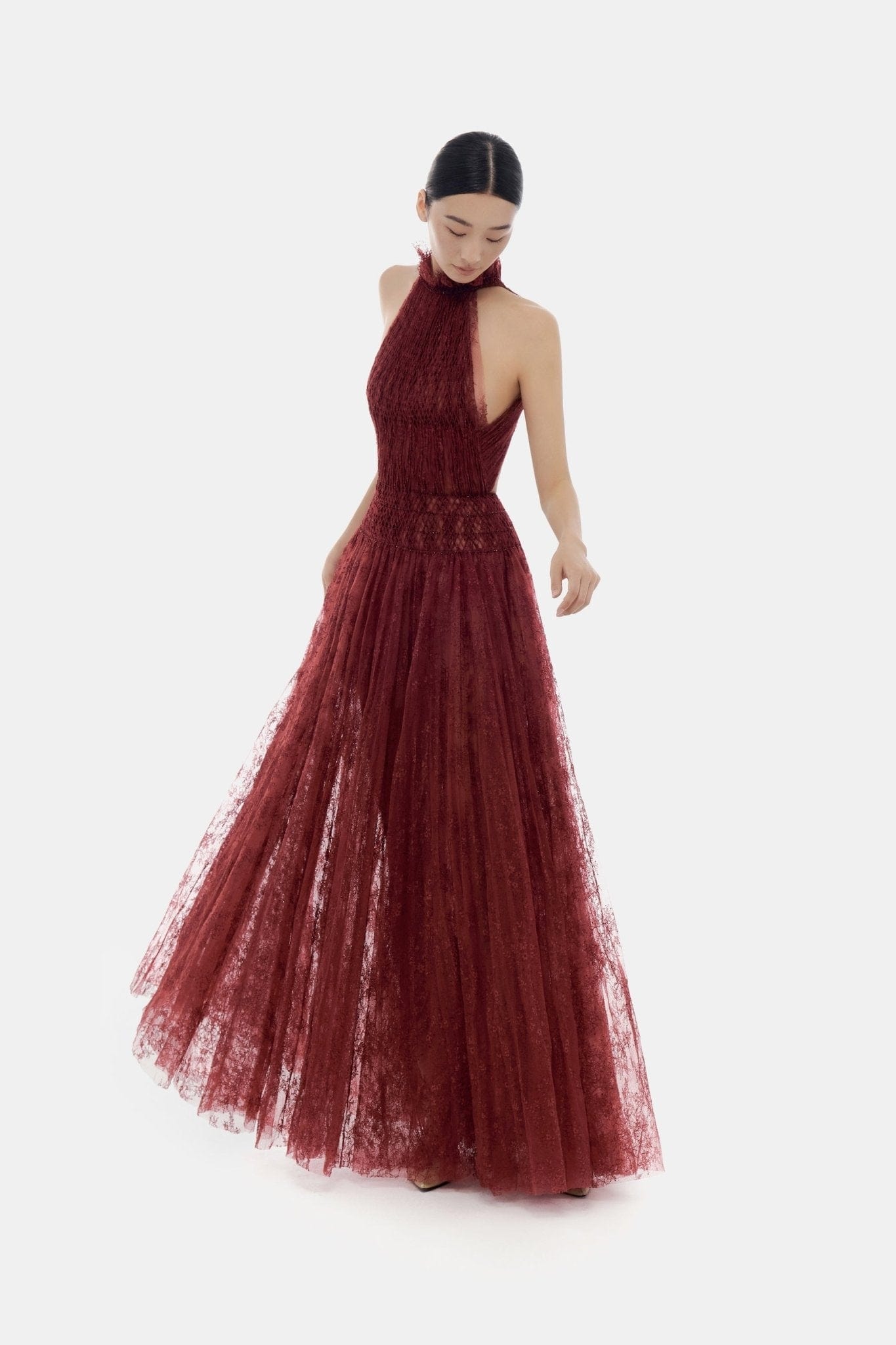 Burgundy Smocked Lace Maxi Dress - Montsand