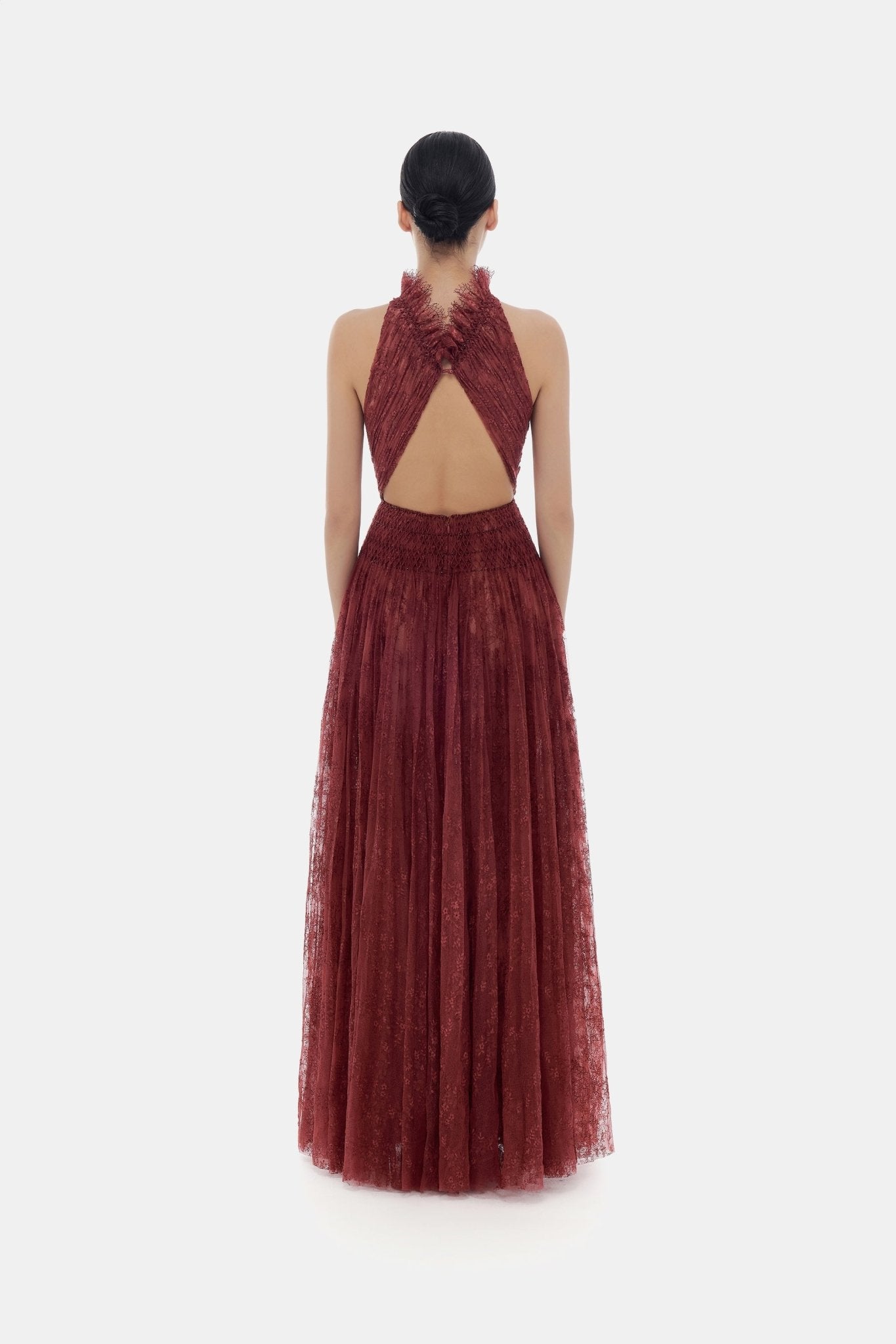Burgundy Smocked Lace Maxi Dress - Montsand