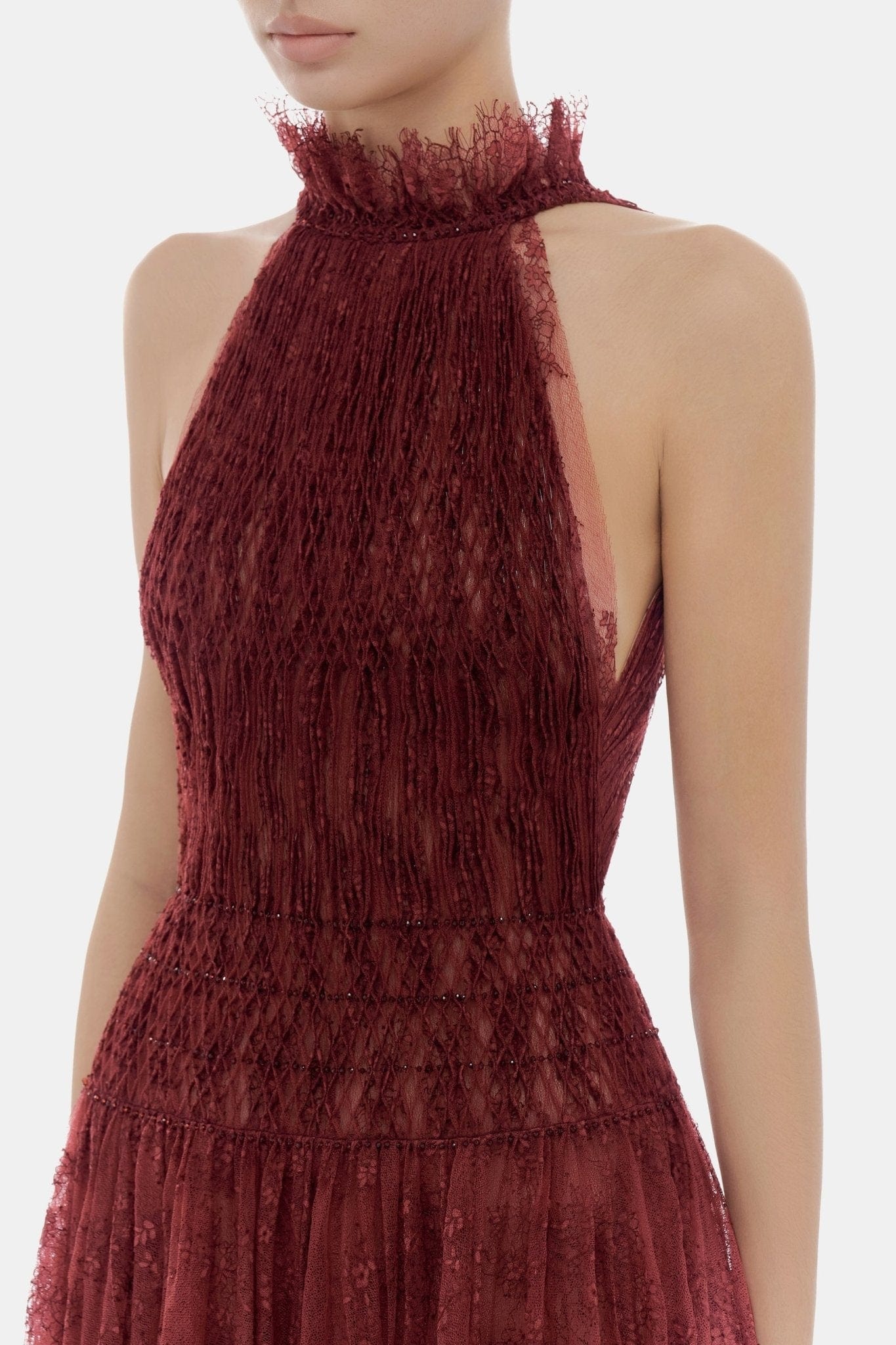 Burgundy Smocked Lace Maxi Dress - Montsand