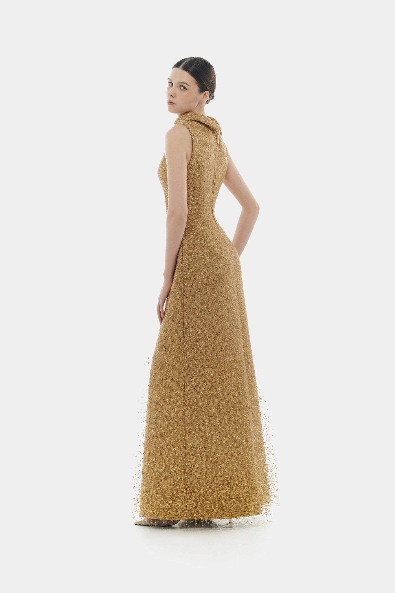 Camel Crystal Beaded Tweed Dress - Montsand