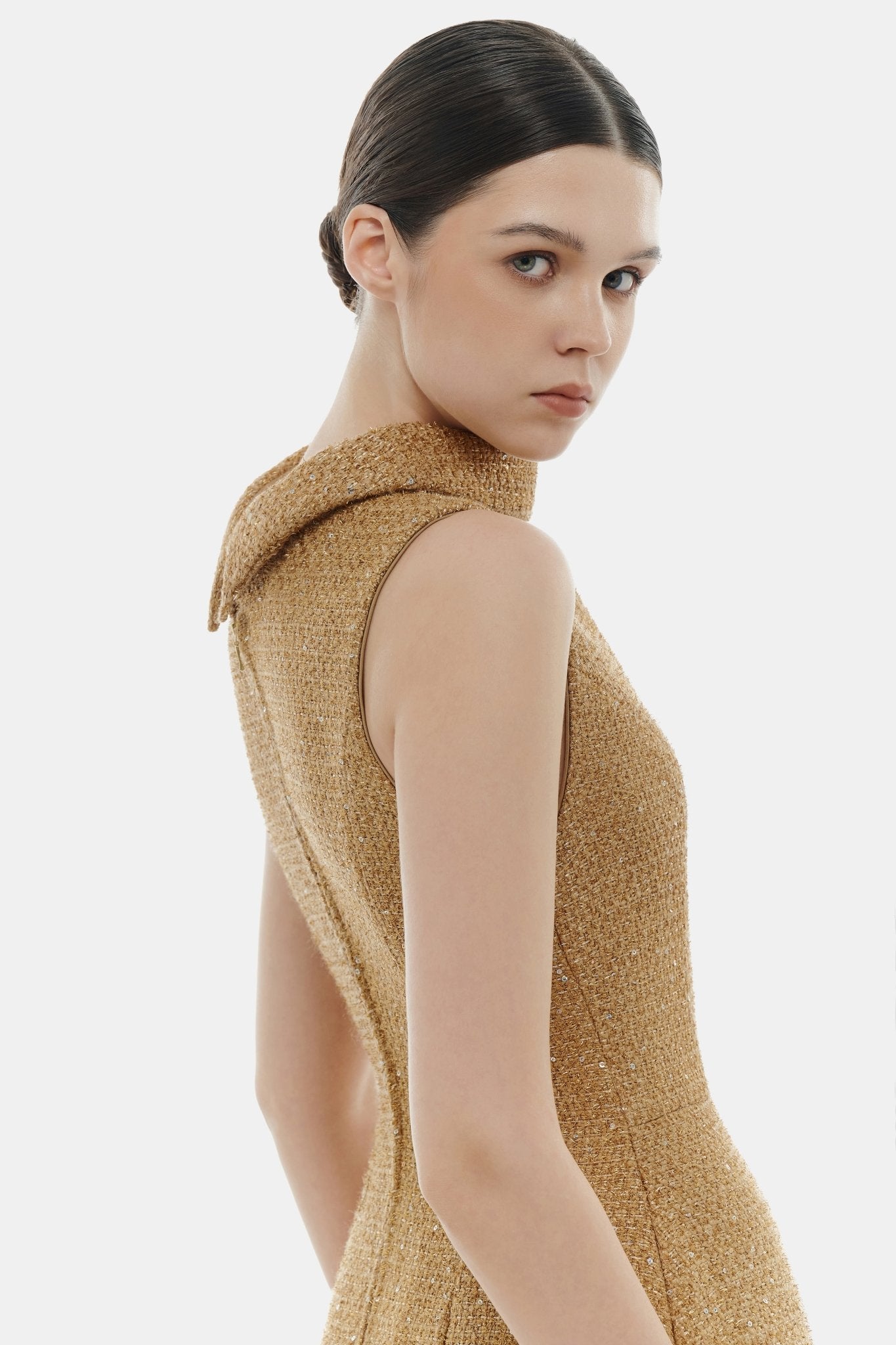 Camel Crystal Beaded Tweed Dress - Montsand