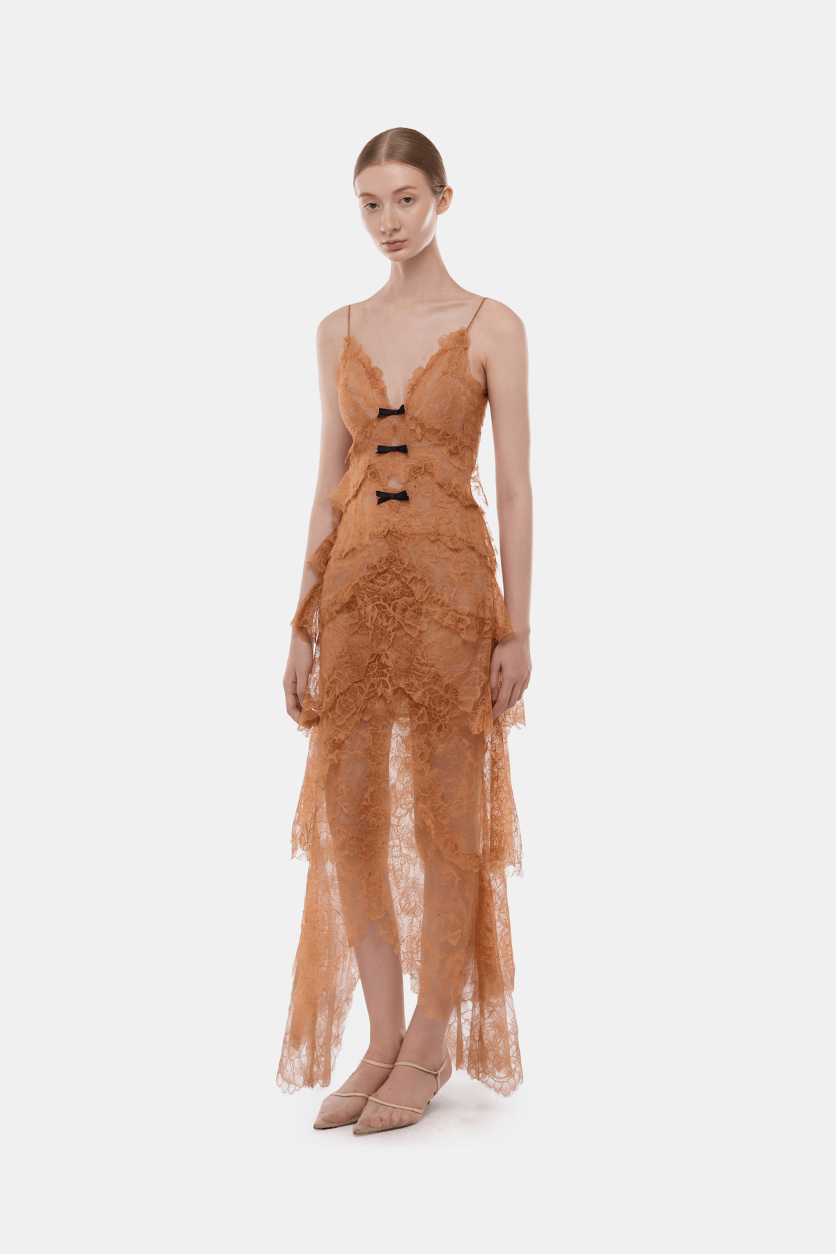 Camel Floral Bow Vneck Maxi Dress - Montsand