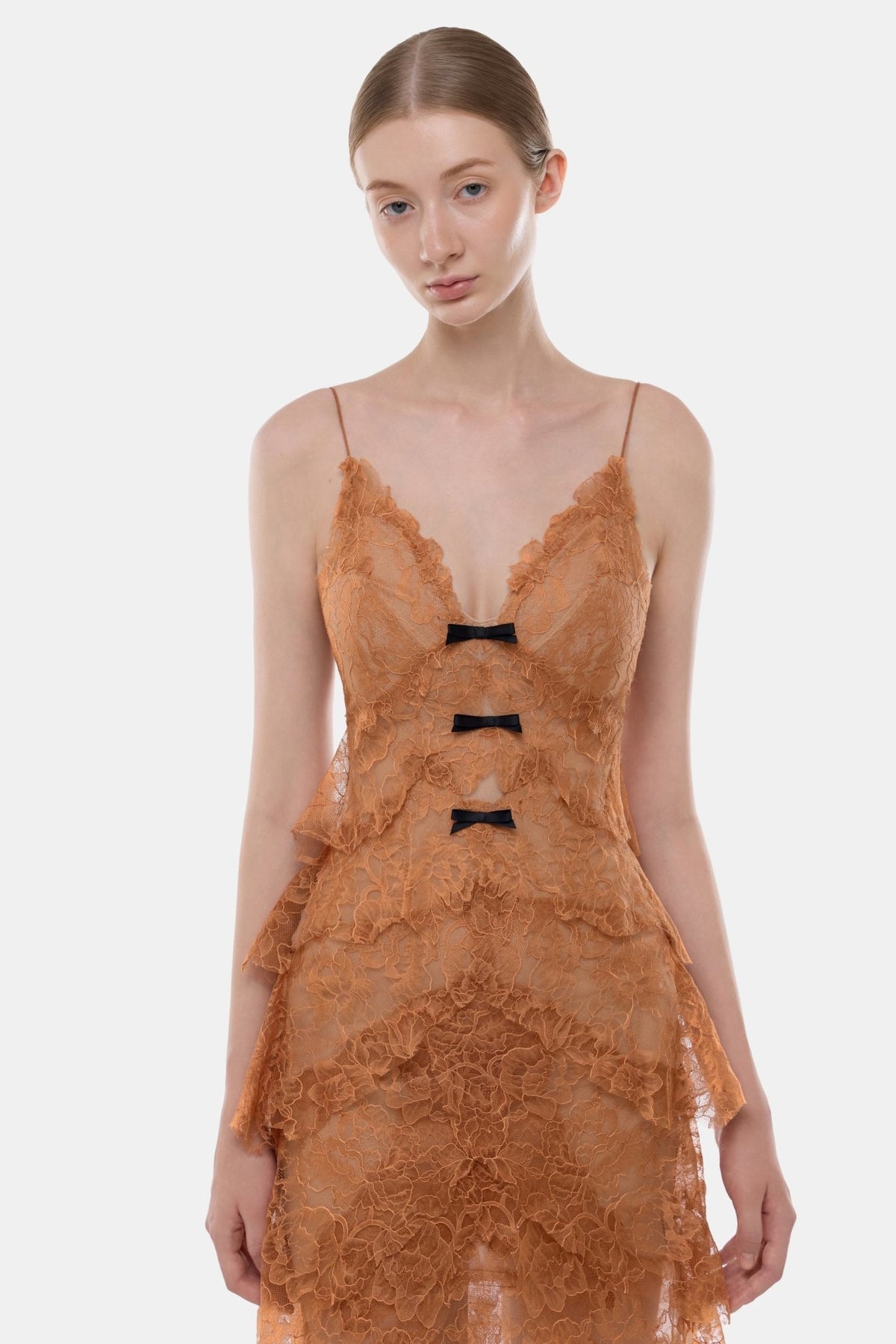 Camel Floral Bow Vneck Maxi Dress - Montsand