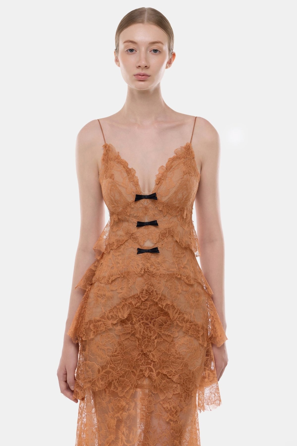 Camel Floral Bow Vneck Midi Dress - Montsand