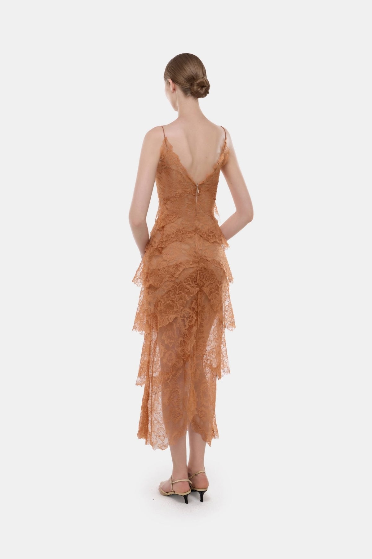 Camel Floral Bow Vneck Midi Dress - Montsand