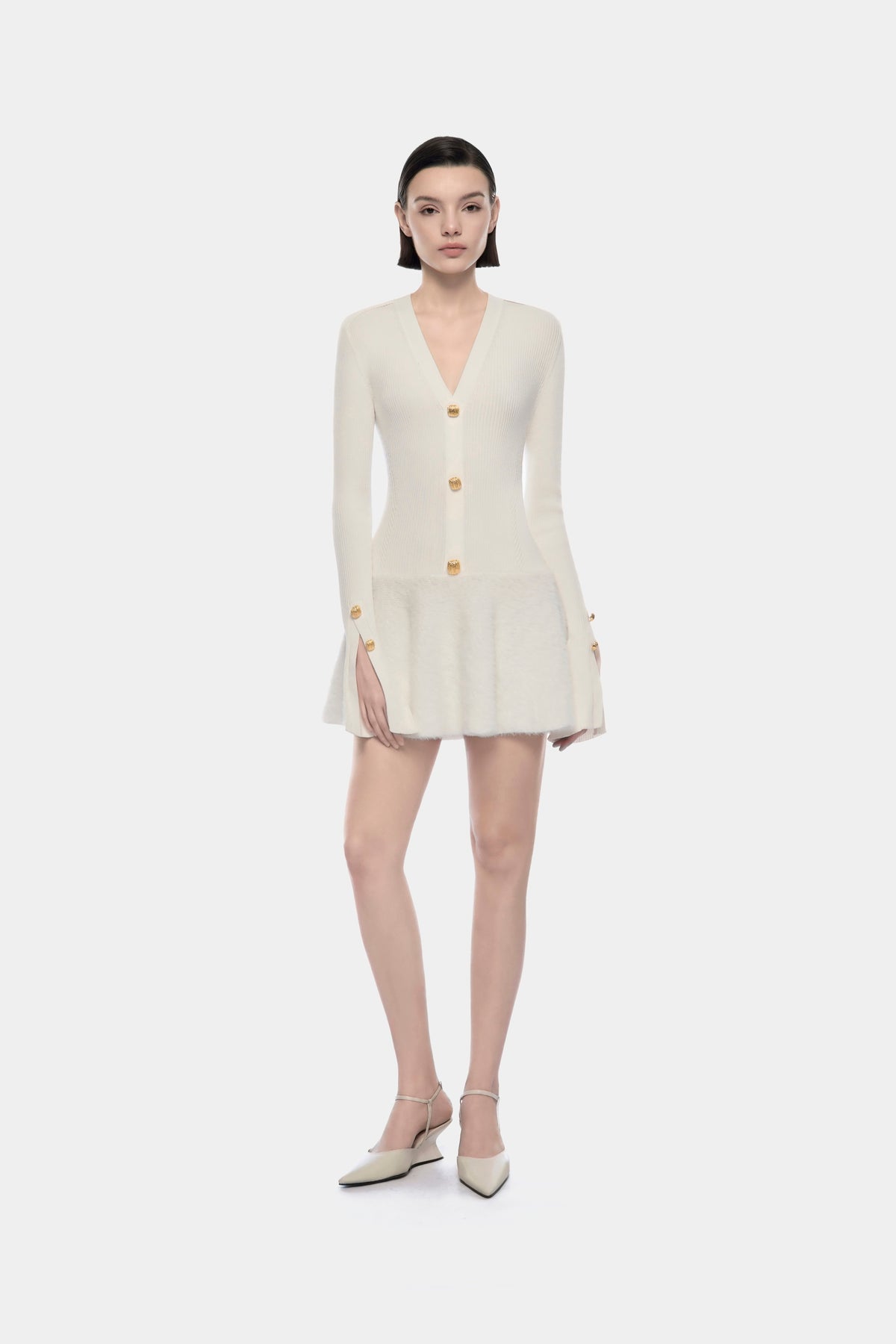 White Ribbed Flared Mini Dress